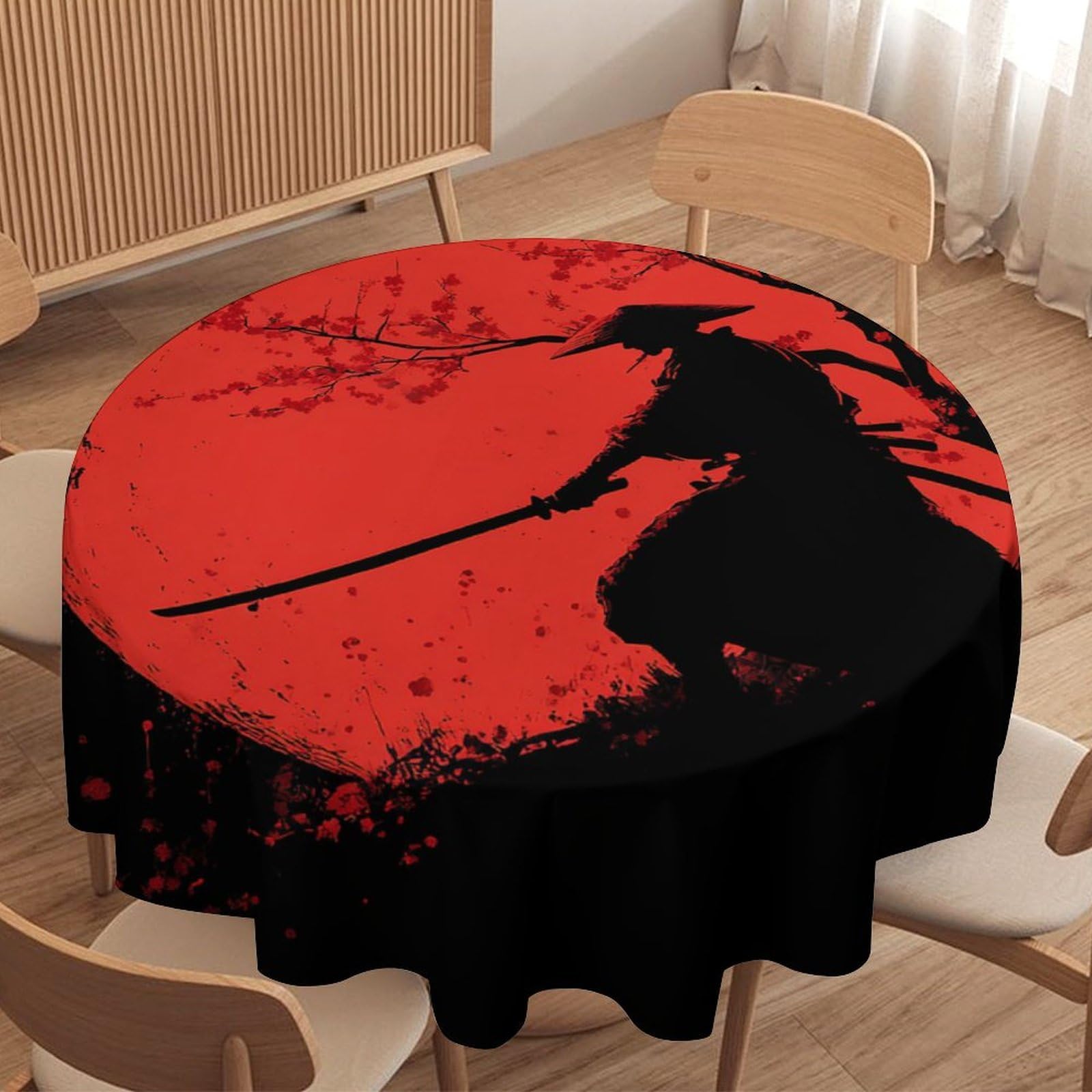 LUYYSKY Watercolor Silhouette Japanese Samurai Waterproof Round Tablecloth Modern Vintage Plant Cherry Blossom Red Sun Print Washable Table Cover for Kitchen-127 Wx127 L cm