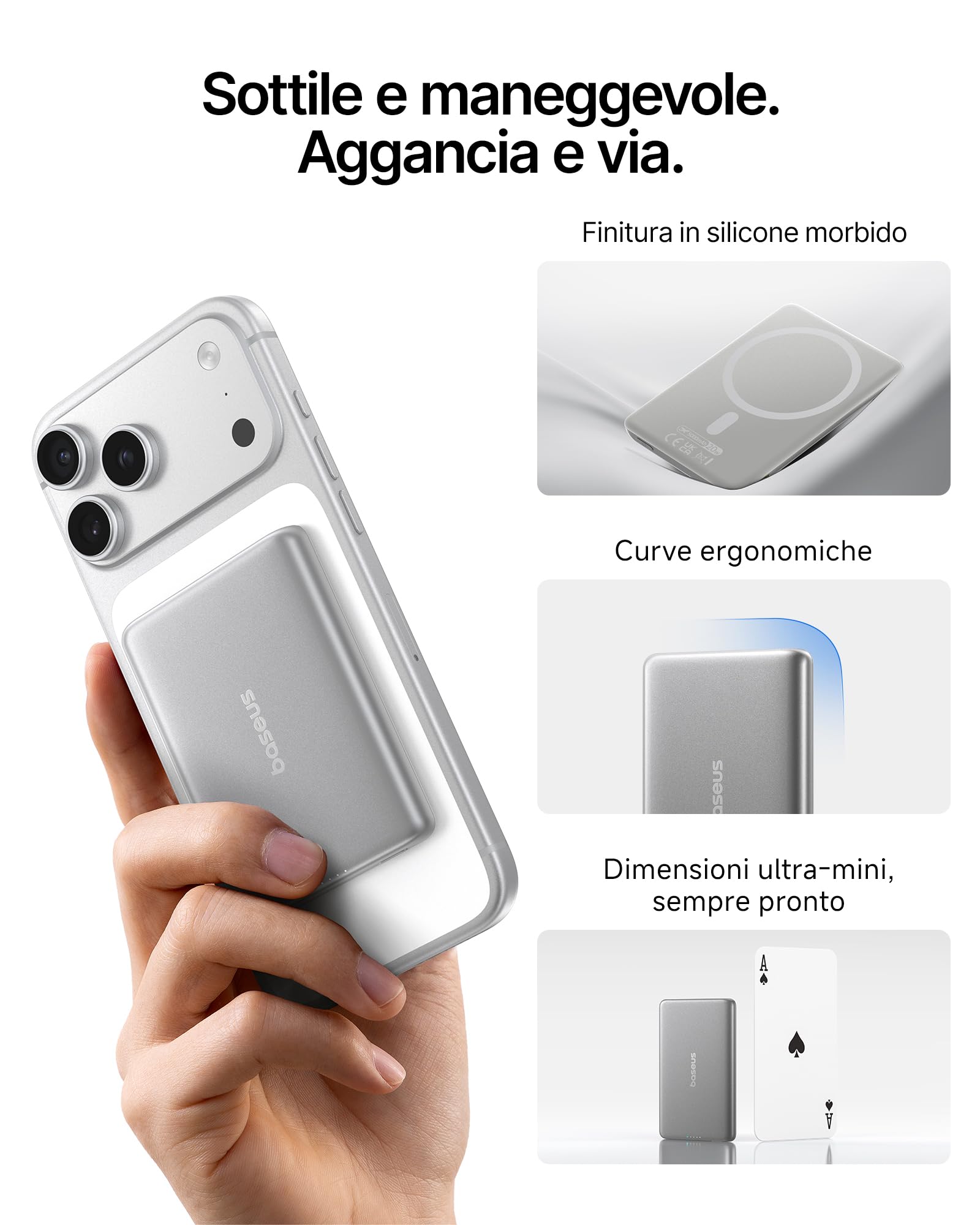Baseus Picogo AM31 Power Bank MagSafe 5000mAh, 20W Batteria Magnetica Ultra Sottile, Ricarica Rapida, Batteria Esterna Wireless con cavo USB-C per iPhone 17/16/15/14/13/12, Titanium