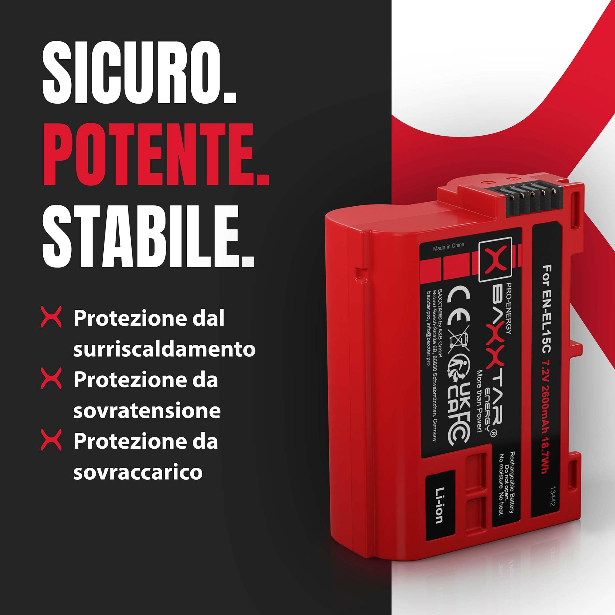 Baxxtar EN-EL15c Batteria 2600mAh compatibile con Nikon Z5 Z6 II Z7 II Z8 D500 D600 D610 D750 D780 D800 D810 D850 D7000 D7100 D7200 D7500 EN-EL15b ENEL15 EN EL15