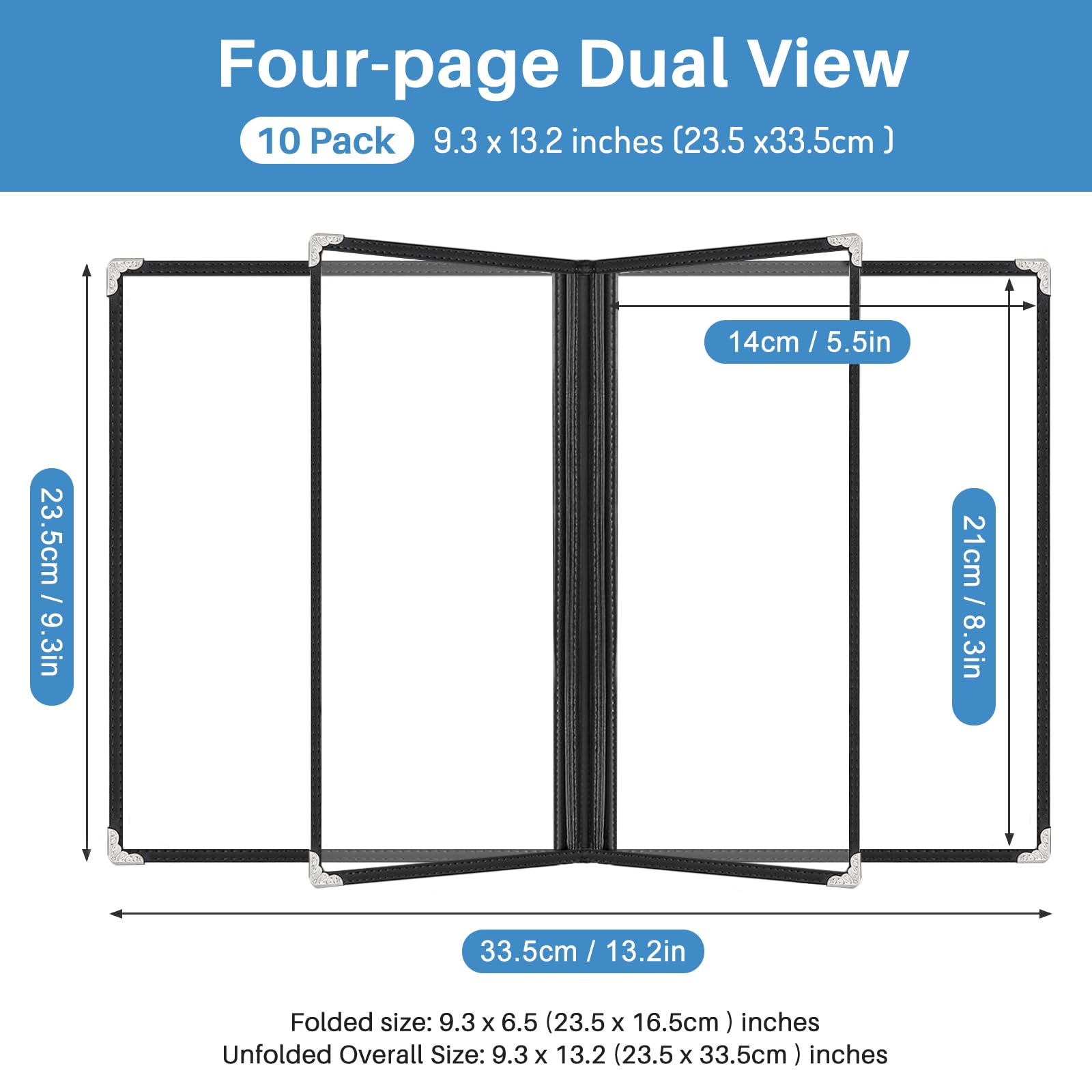 WenYa Lot de 10 couvertures de menu A5, 4 pages, 8 vues de style café, bordure noire, couverture transparente pour menu du vin avec protections d'angle métalliques, compatible avec papier de format A5