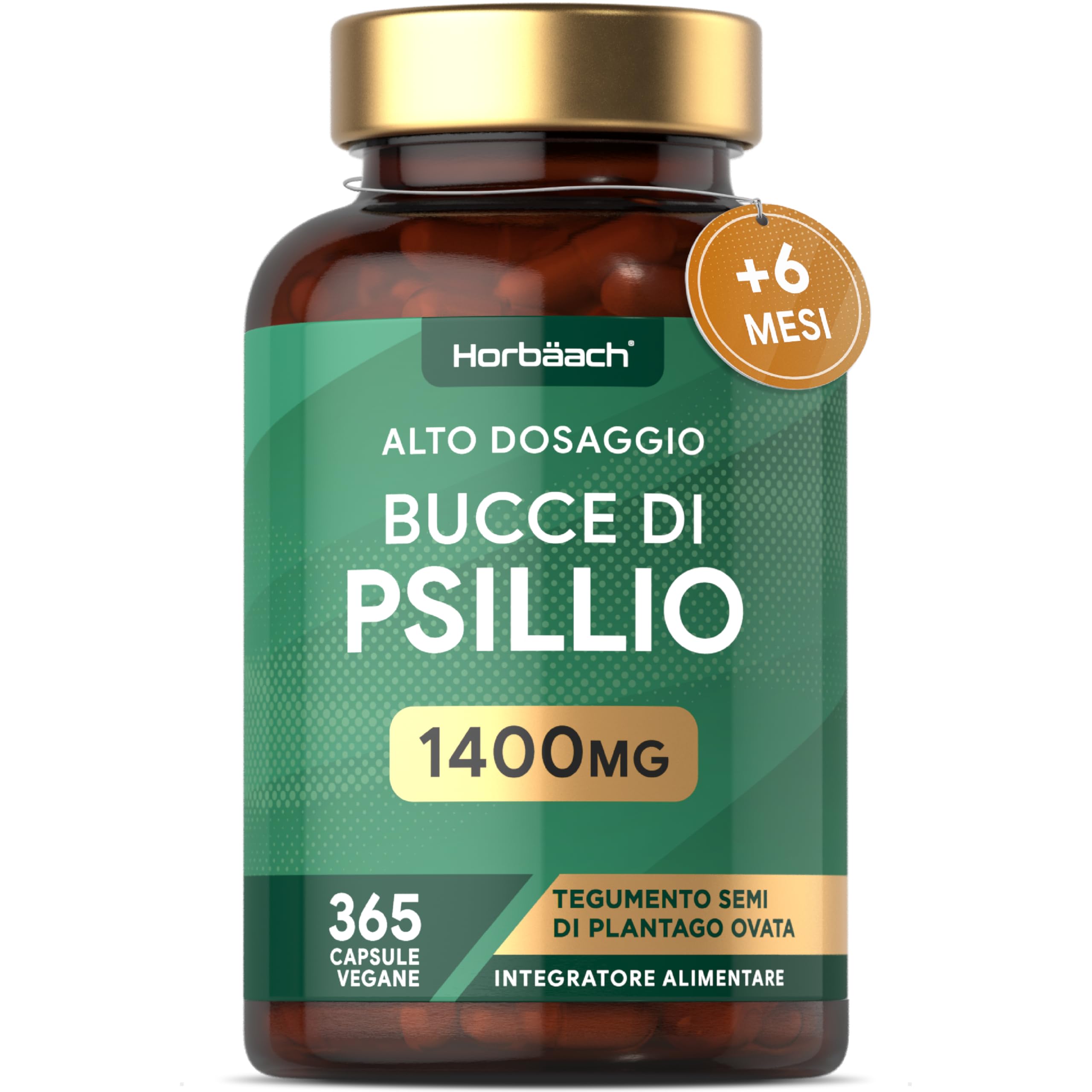 Psillio Capsule Alto Dosaggio 1400 mg | Buccia di Psillio in Polvere | 365 Capsule Vegane per 6 Mesi | Integratore di Fibre | Prebiotico Naturale | Psyllium Husk | di Horbaach