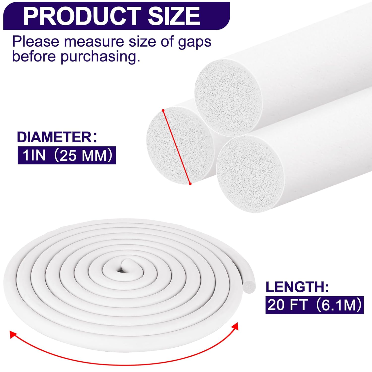 ToLanbbt Backer Rod EPDM Rubber 1" Diameter x 20' Length Caulk Saver Door Window Weather Stripping Seal for Concrete Filling Joints and Gaps (White)