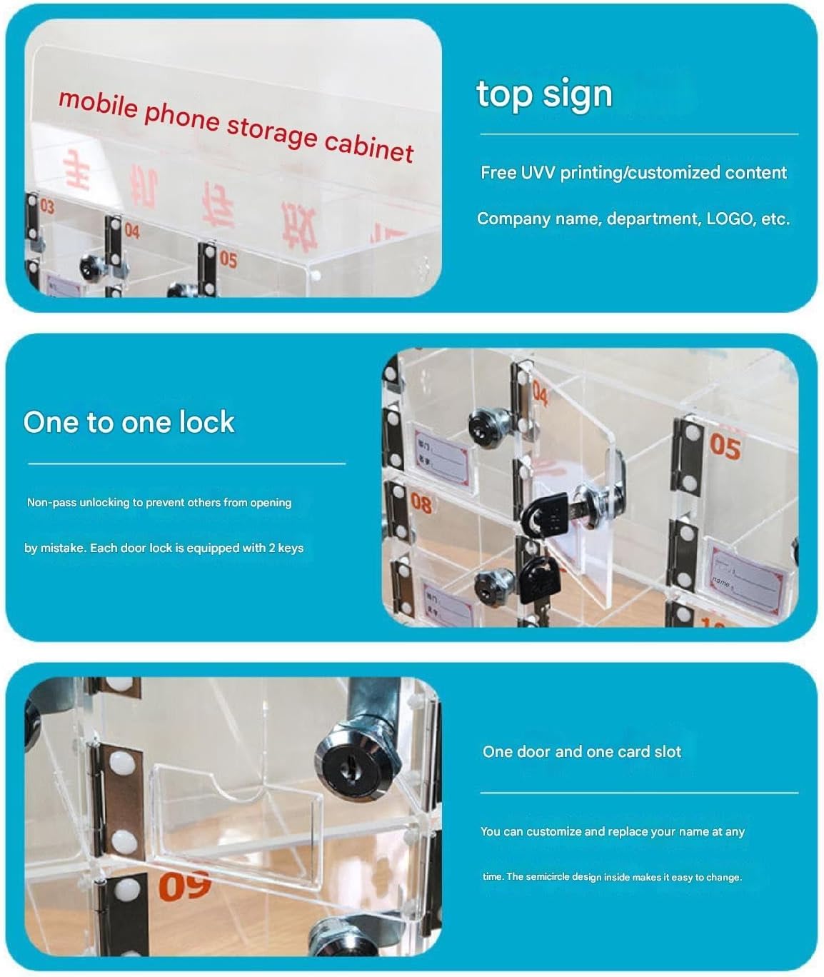 携帯電話収納ロッカー、ドアロックキーとカードスロット付き、教室用 透明アクリル電話収納キャビネット 壁掛け、従業員オフィス学校工場用