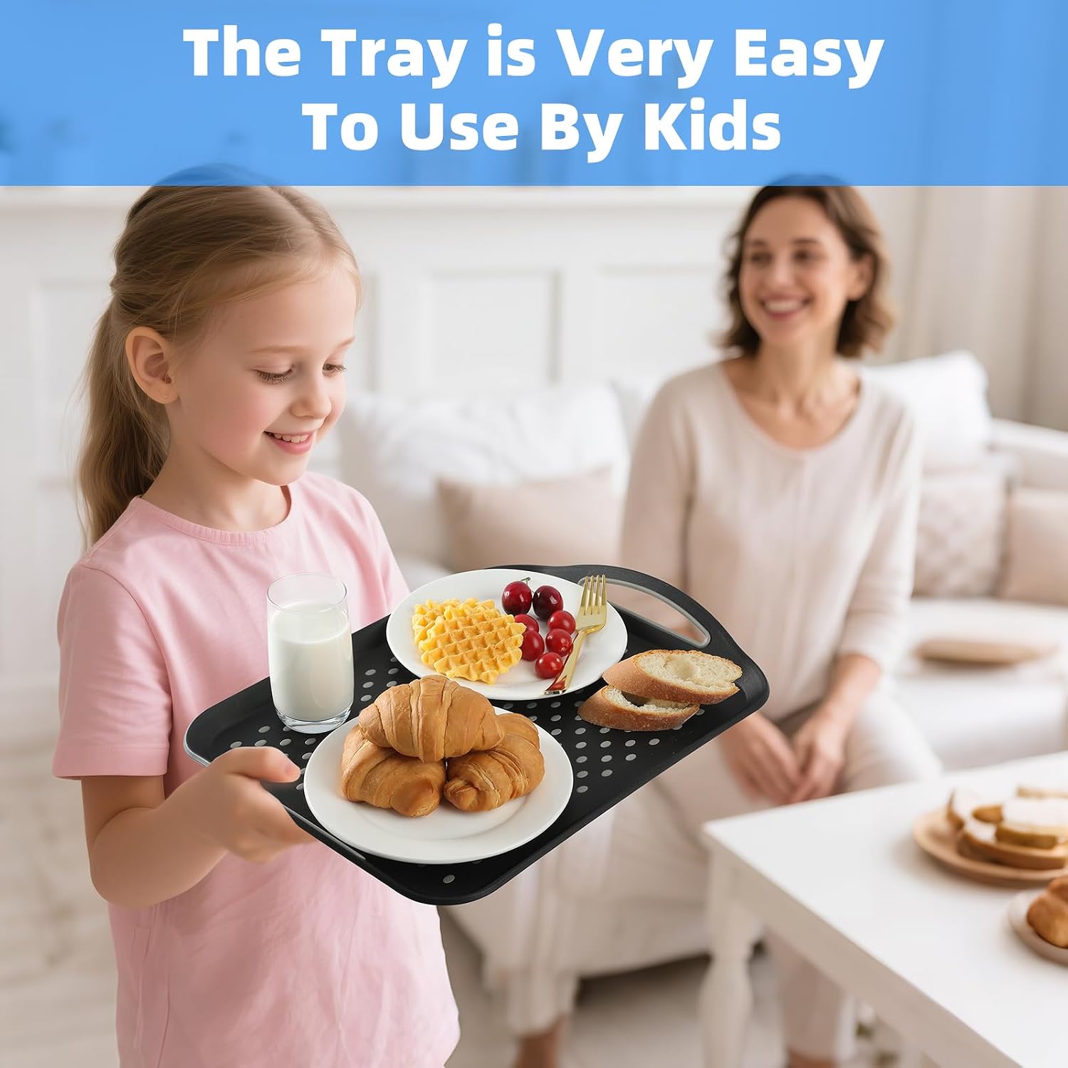Large Non-Slip Serving Tray with Handles - Suitable Serving Tray, Food Tray, Trays for Serving Food,Serving Platters - an Ideal Dining Choice, Black - 2 Pack