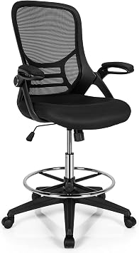 COSTWAY Mesh Drafting Chair, Ergonomic Swivel Office Chair with Adjustable Footrest, Height Adjustable Mid-Back Padded Executive Task Computer Desk Chairs with Flip-up Armrests, Black