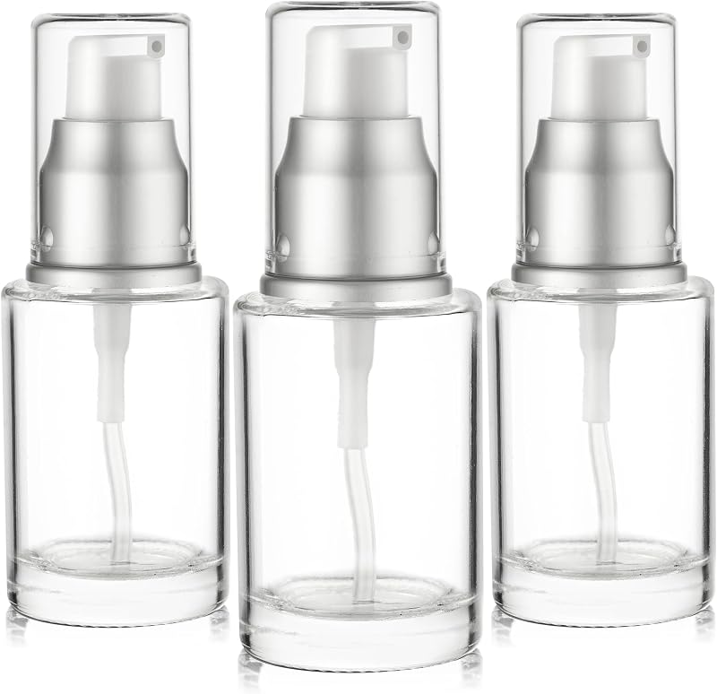 VitalUp Frascos de vidro transparente com bomba para cosméticos 30 mL, tampa prateada, Pacote com 3