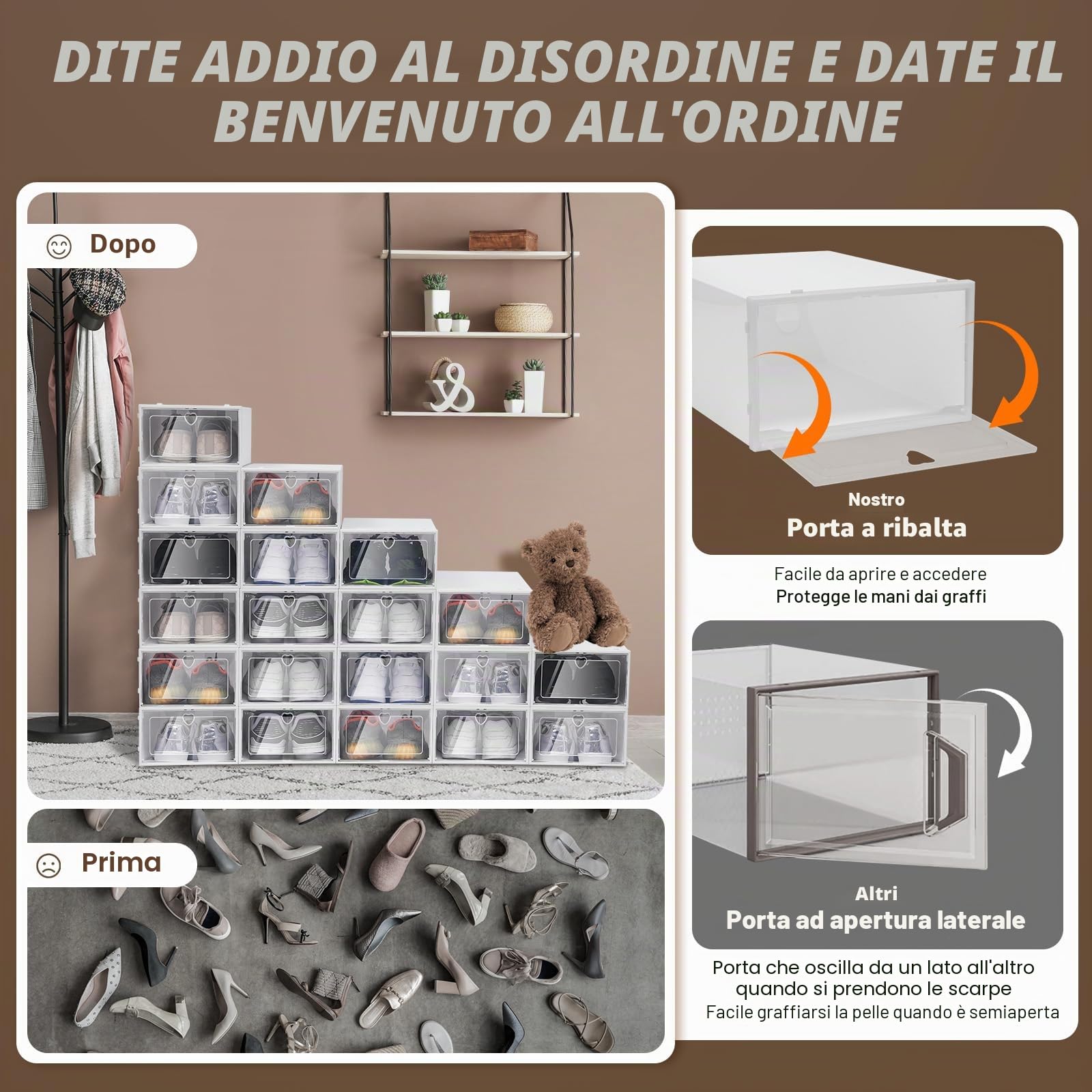 20 scatole per scarpe, in plastica trasparente, pieghevoli, impilabili, organizer per scarpe, contenitori per armadio, camera da letto, piccoli spazi (bianco)