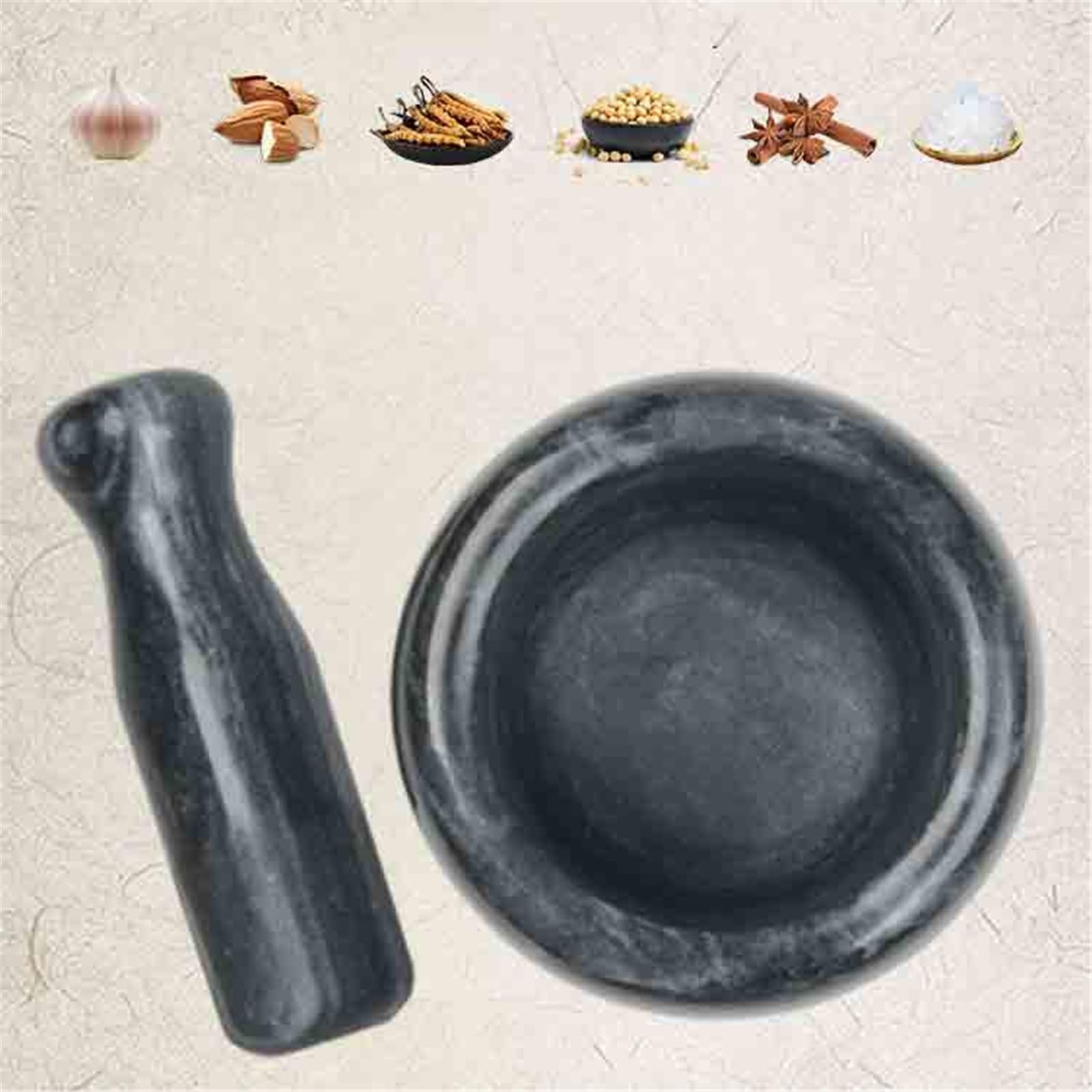 Attività in cucina con mortaio e pestello in marmo for macinare le spezie o frantoio for erbe Salse