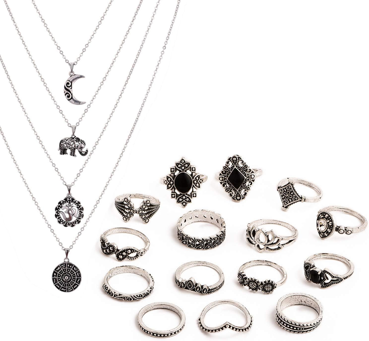 TOPWAYS® Boho Style Vintage Punk Necklace Rings Party Jewelry Sets, including Multi layer Long Necklace and Women Joint Knuckle Retro Ring Set Plated Silver 15PCS (15 pcs black set)