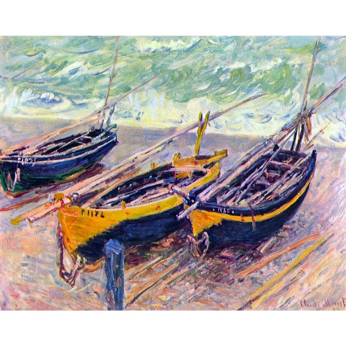 Tableau Monet trois bateaux de pêche Etretat toile HD - 2