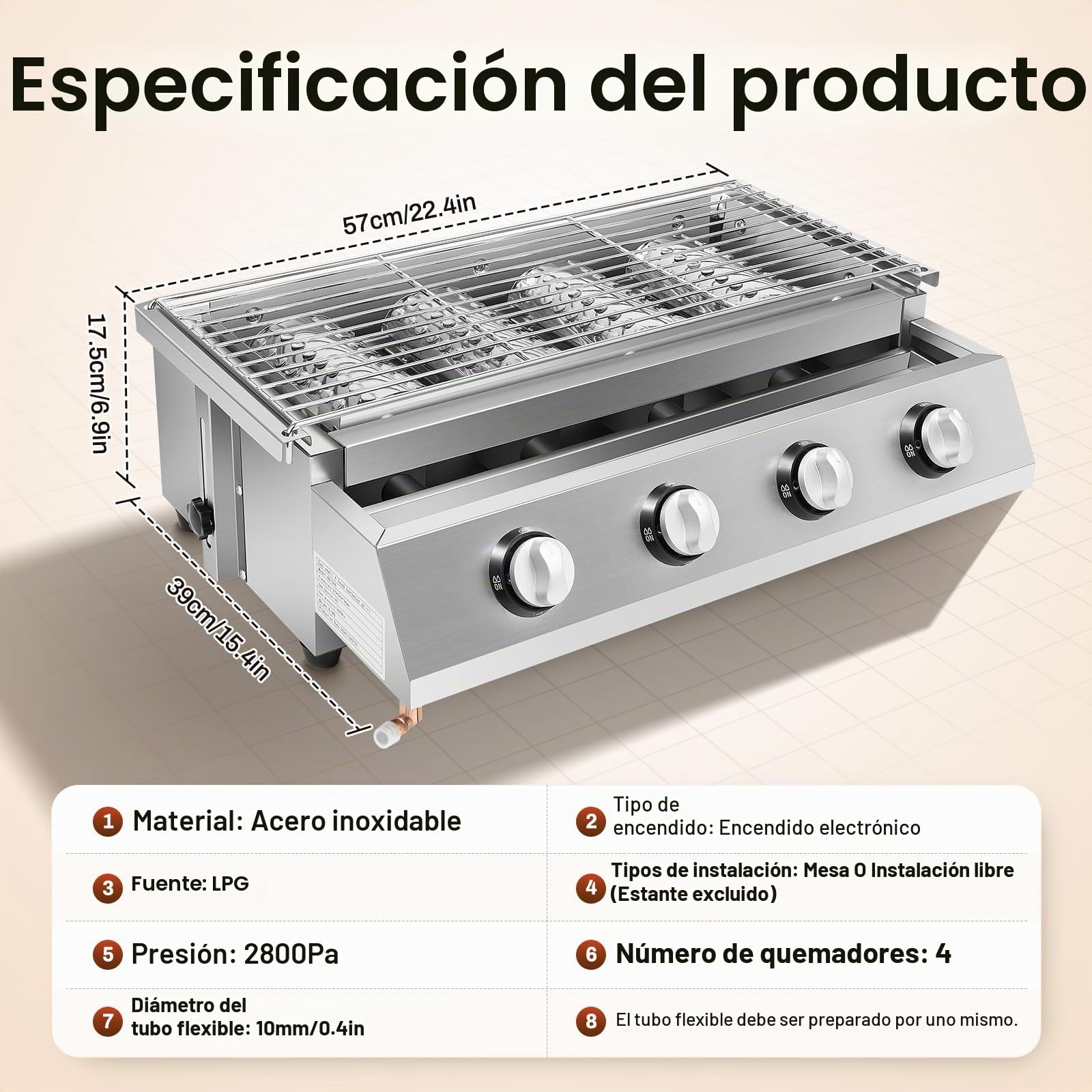 Barbacoa de gas de mesa de acero inoxidable de 4 quemadores, altura regulable, calefacción por infrarrojos, parrillas LPG para camping, balcón, jardín