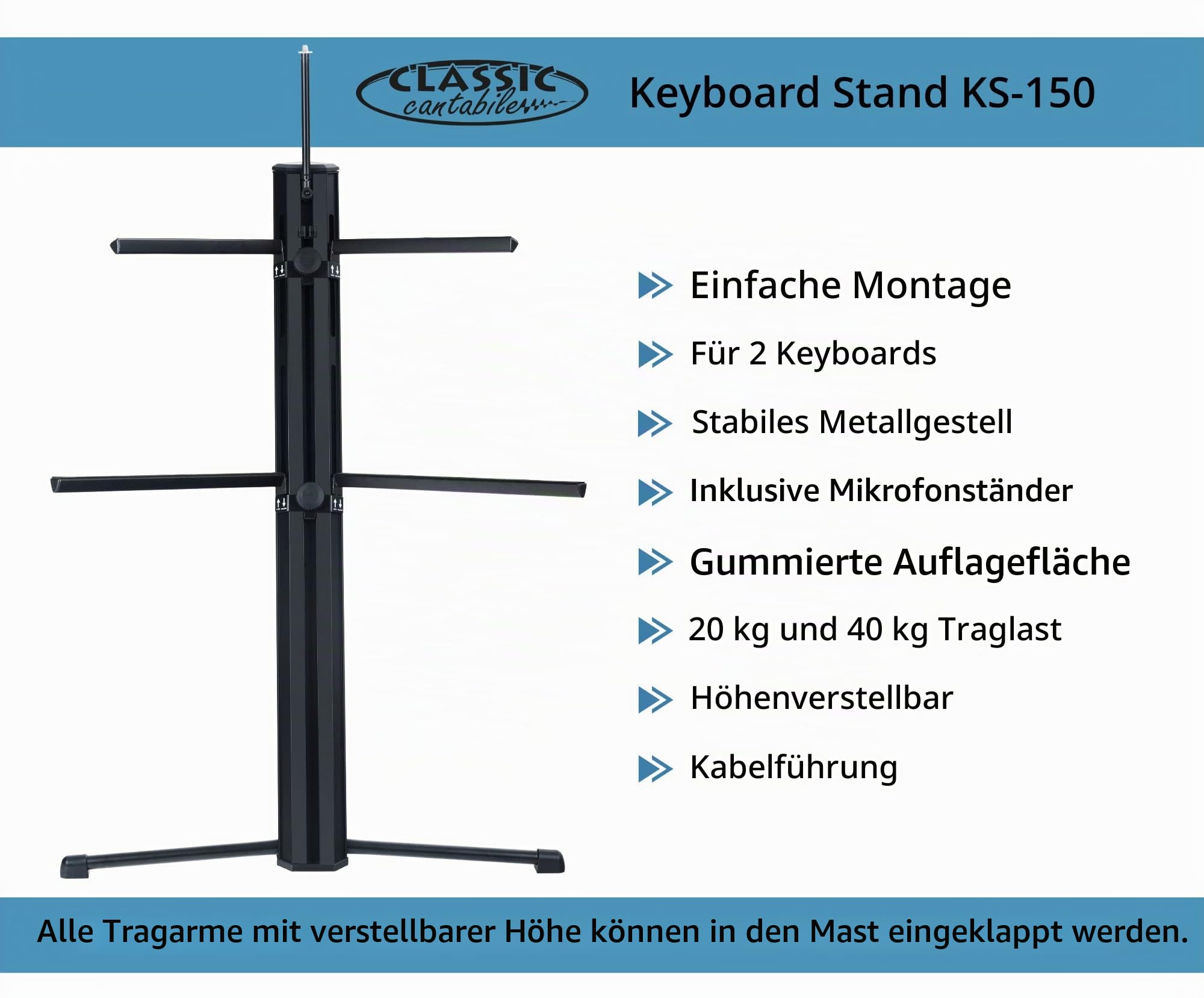 Classic Cantabile Keyboardständer KS-150 Schwarz - Zwei Ebenen - Auflagearme können im der Standsäule verstaut werden - stufenlos höhenverstellbar - Mikrofonhalter mit 3/8"-Gewinde - Schwarz
