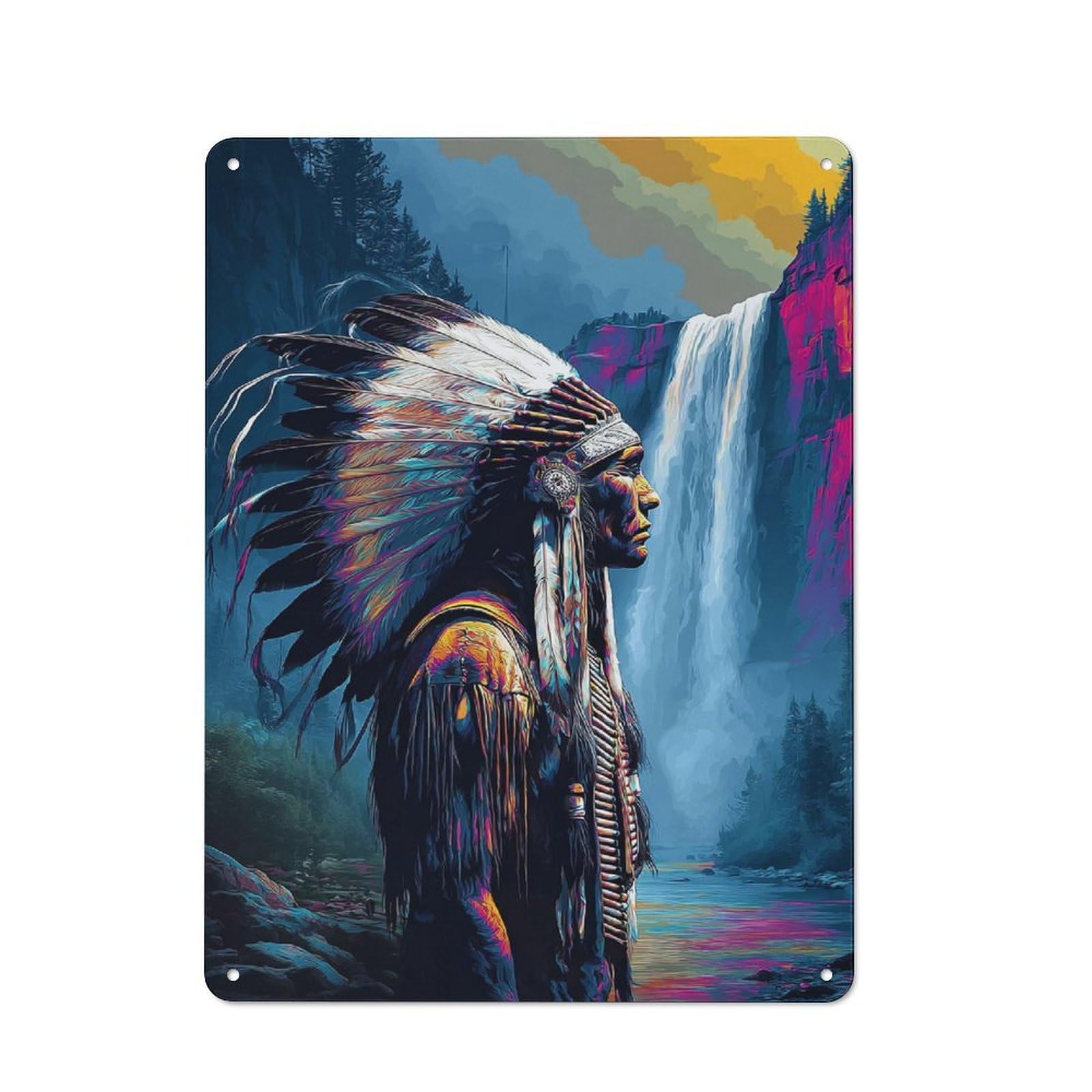 Junmoney Native American Chief With Feathered Headdres Retro S Vintage Metal Sign 40X30cm, Small Space Decor For Hallway, Home Bar, Garage Or Study