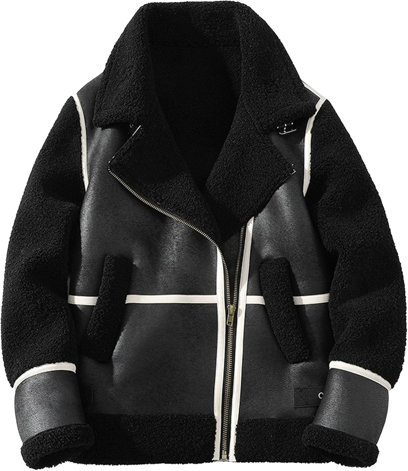 Men's Notched Lapel Faux Fur Leather Coat Open Front Faux Fleece Lined Overcoat Winter Classic Cozy Zipper Jacket