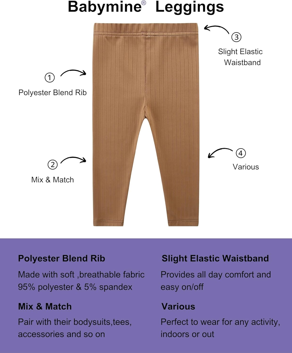 Baby and Toddler 3 Pack Pull On Pants Solid Ribbed Leggings Infant Clothes Size 1-4 Years - Image 3