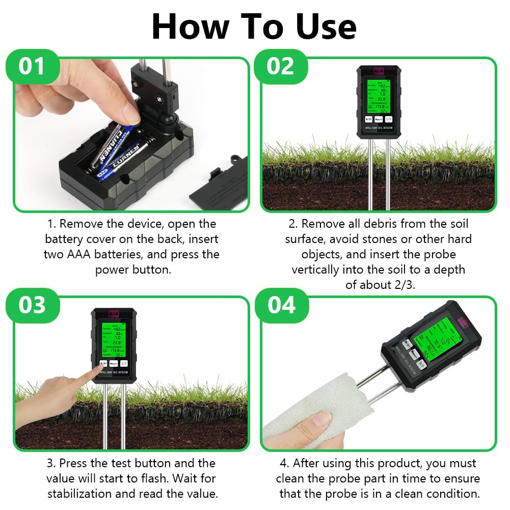 Testeur D'Humidité Plante 6 En 1 - Testeur Sol PH, Fertilité, Température, Lumière Et Humidité