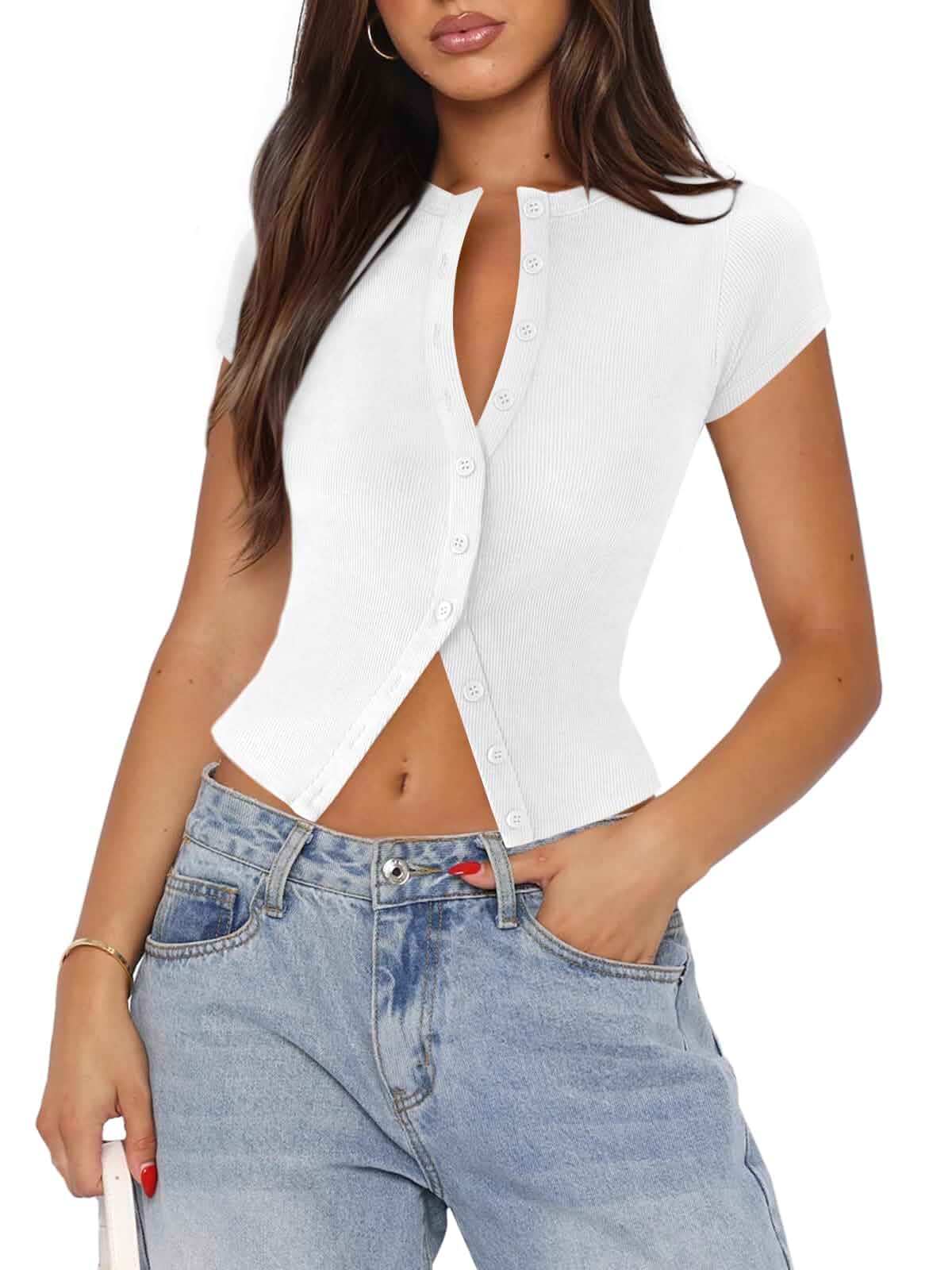 Women's Button Down Shirt Cap Sleeve Tops for Women Button Up Ribbed Knit Slim Fit Casual Y2K Crop Going Out Top Cap Sleeve
