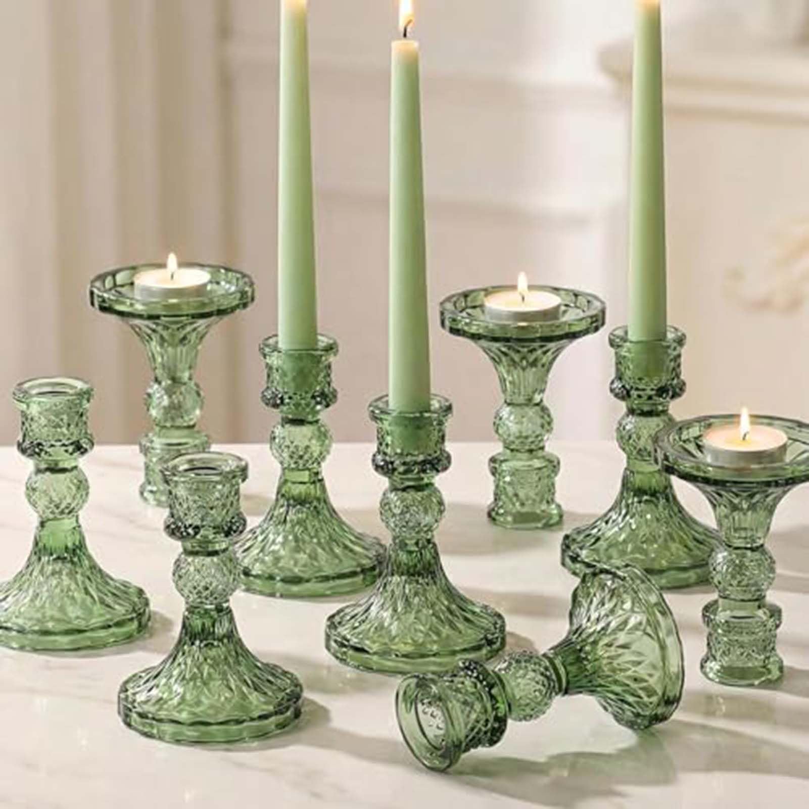 Glass Candle Holder Set Of 12, Green Taper Candle Holders, Vintage Candlestick Holders, Candle Stick Holder For Table Centerpieces, Wedding, Festival & Home Decor(Green)