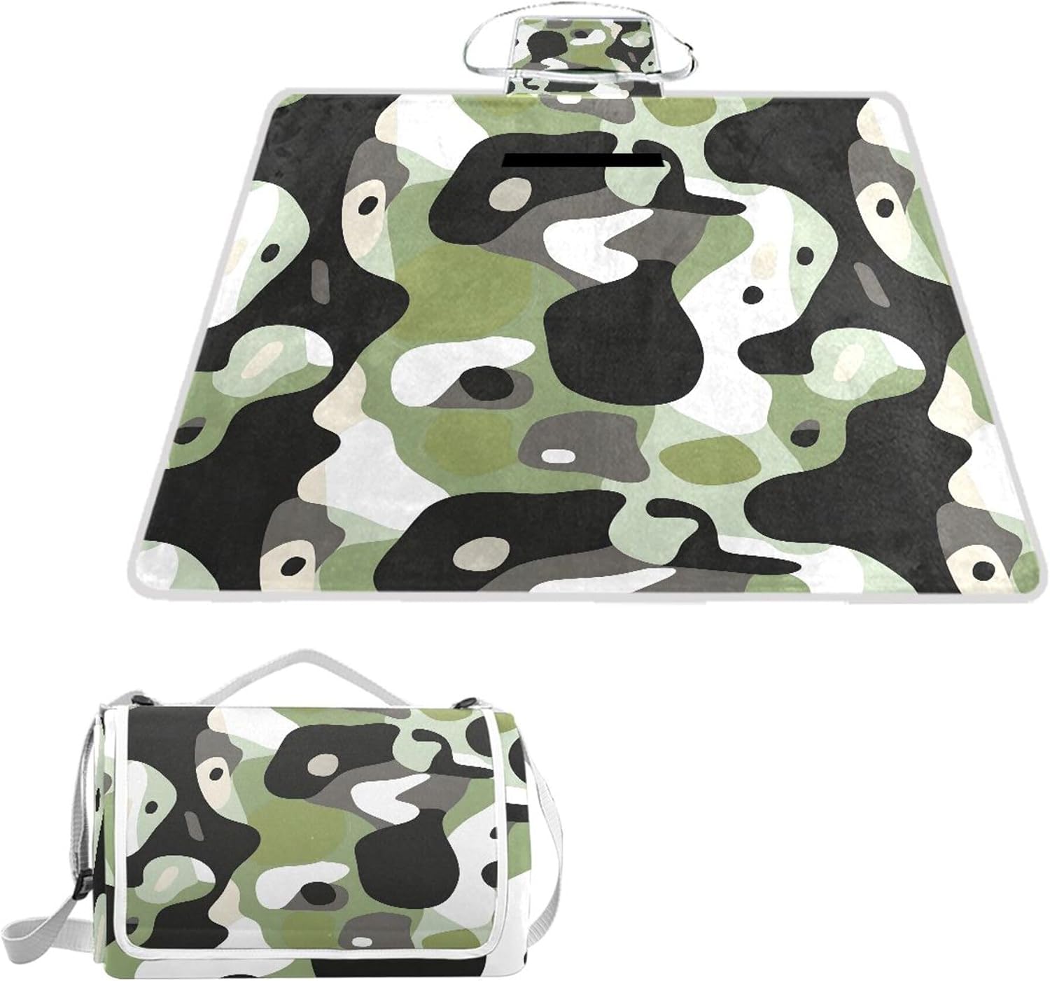 MNSRUU Picnic Blanket Waterproof Foldable, Abstract Blackgreen Shapes Large Outdoor Picnic Blanket Beach Blankets Camping Blanket Travel Mat, Shoulder Strap Tote, Rectangle 57x59in
