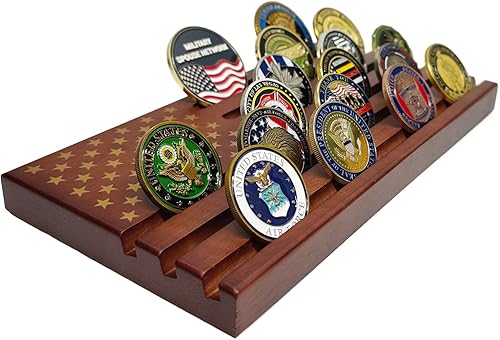 Miniatura 6 de Exhibición de monedas de madera del ejército coleccionable, titular de monedas de 6 filas de exhibición bandera americana