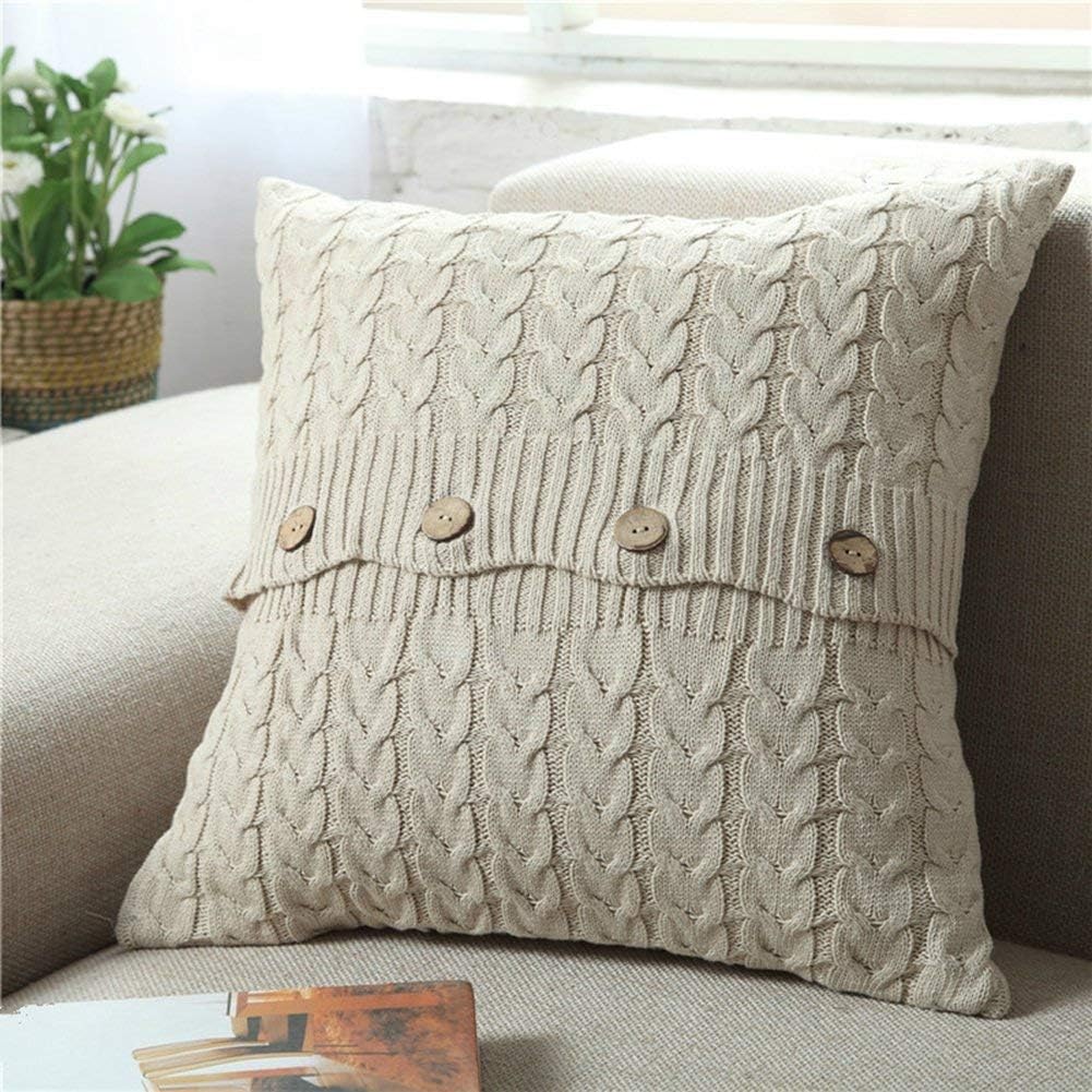 LIFETOWN Decorative Throw Pillow Covers for Couch, Set of 2, 100% Cotton Sweater Knitted Bed or Sofa Pillow Case 18 x 18 inch (Off-White)