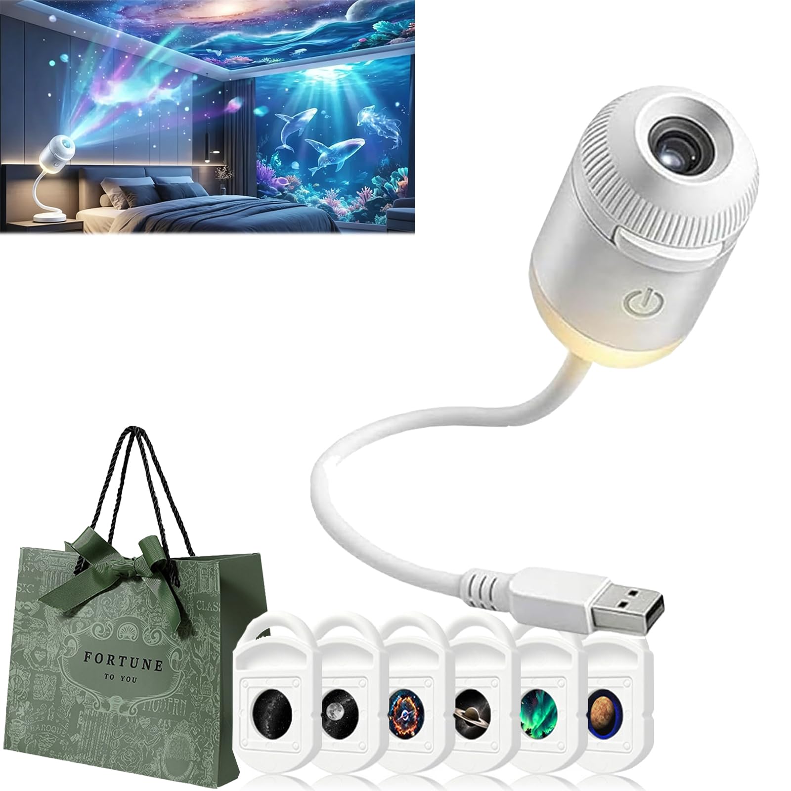 Plug and Play HD Star Projector, Galaxy Projector Night Light, 360° Rotating Starry Sky Projector, Smart Dynamic 5d Holographic Night Light Projector, para coche, dormitorio, 6 películas