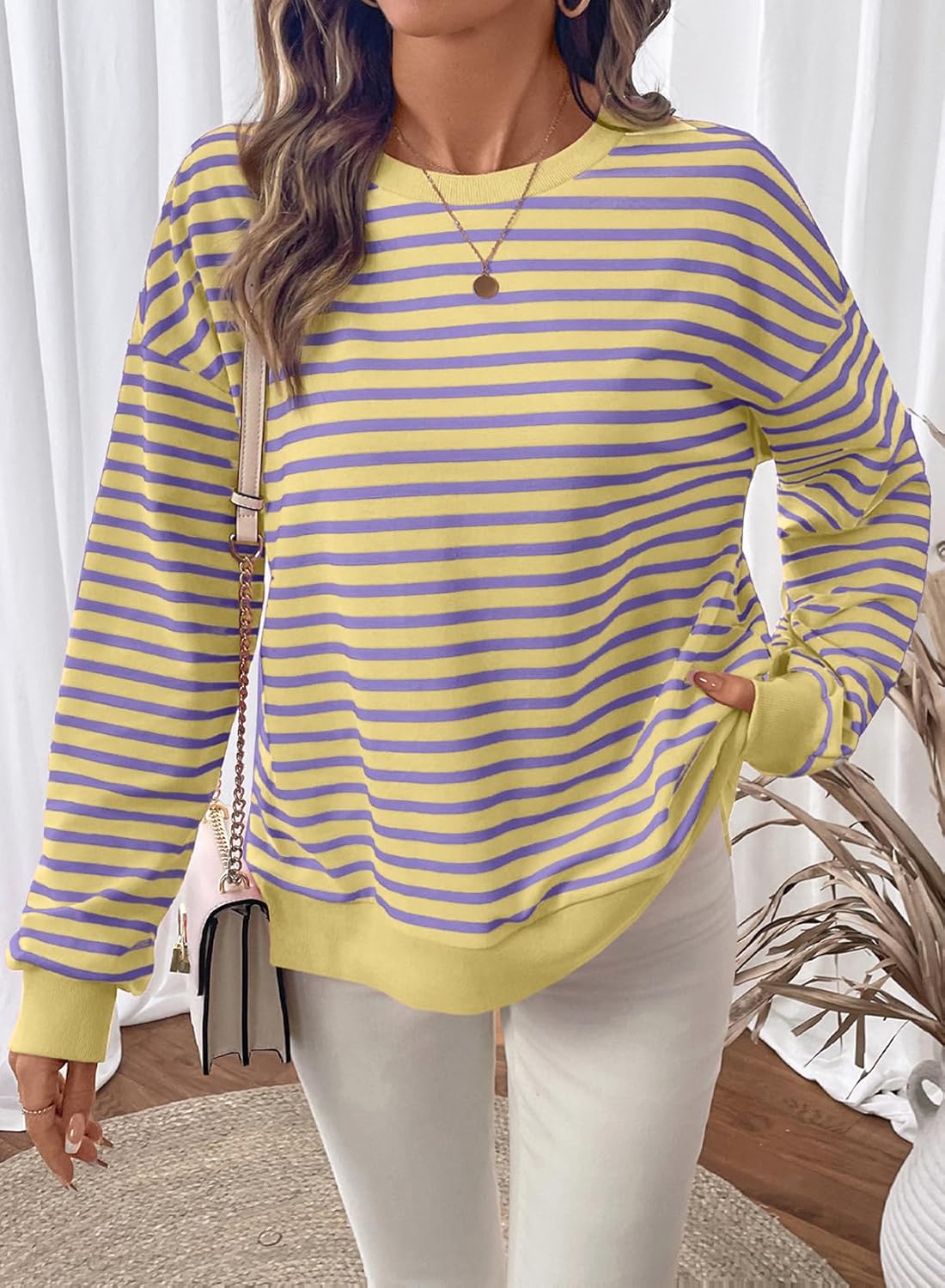 SHEWIN Oversized Sweatshirt for Women Crewneck Striped Shirt Long Sleeve Tops Pullover Womens Fall Fashion 2025 - Image 6