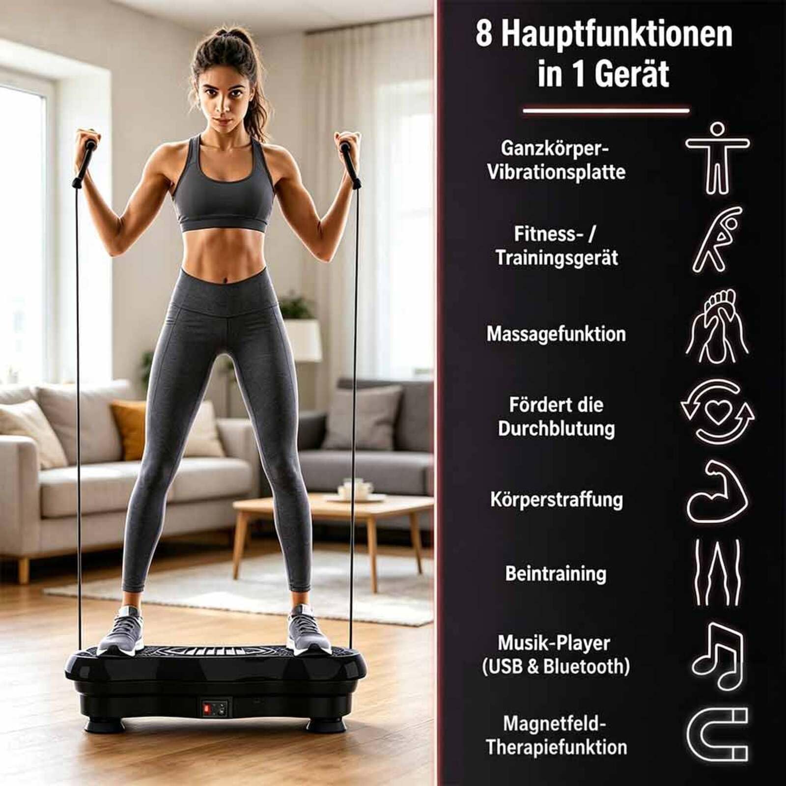 Vibrationsplatte,Fitnessgerät für Zuhause mit 120 Geschwindigkeitsstufen, Vibrationsboard mit Widerstandsbändern und LCD-Display für Ganzkörpertraining und Massage