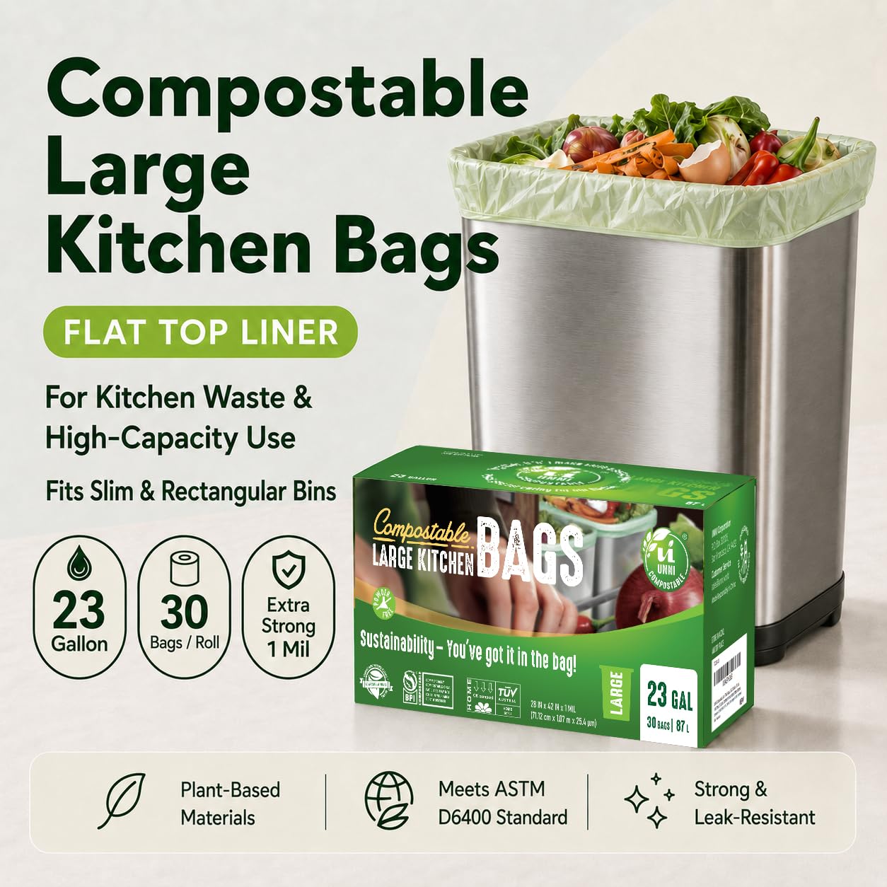 UNNI Bolsas compostables, 20-23 galones, 87 litros, 60 unidades, extragruesas de 1 mil, bolsa de basura para residuos de alimentos, ASTM D6400, US BPI, CMA y Europa OK Compost Home, certificado San