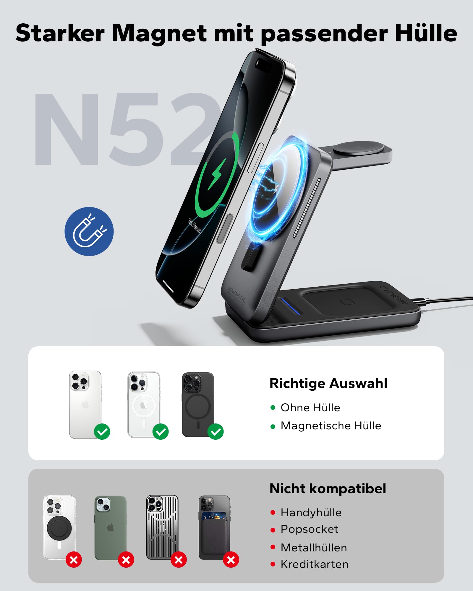 KPON Magsafe Ladestation für Apple Watch und iPhone, 3 in 1 Faltbares Magsafe Ladegerät Schnellladung Kompatibel mit iPhone 17-12, Apple Watch 11-2, AirPods, Reise & Büro, inkl. 20W Adapter