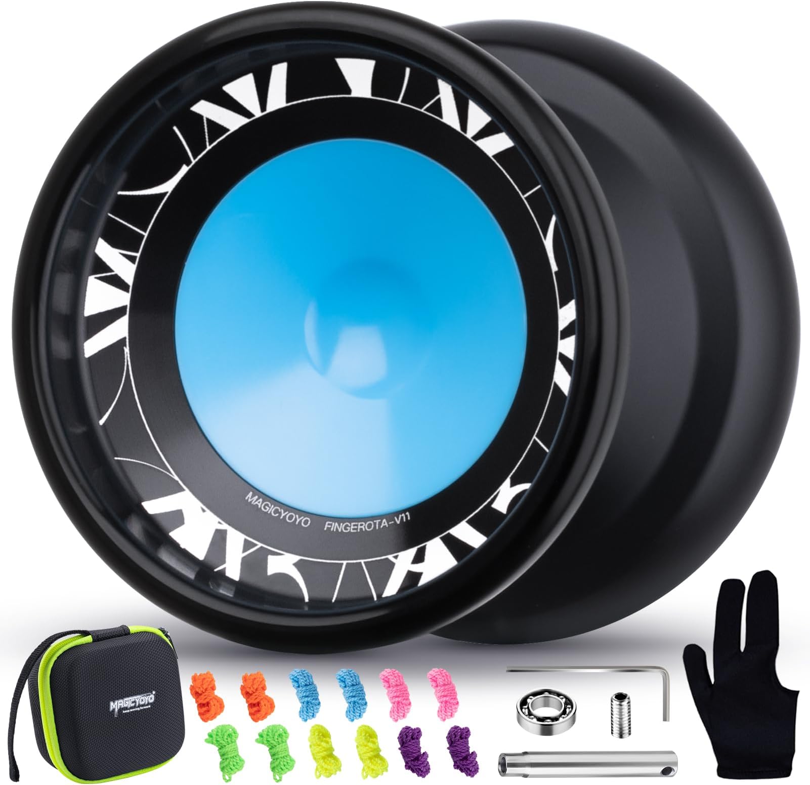 V11 FINGEROTA Professional Finger Spin Yoyo - Dual Purpose Trick Yoyo Unresponsive & Responsive Yo Yo for All Levels +Yo Yo Glove + 12 Replacement Strings +Storage Case (Black)