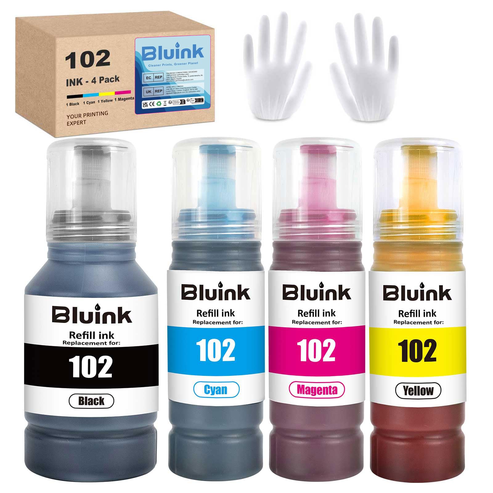 Bluink 102 Ink Bottles Multipack Compatible with Epson 102 Ink for ET-2850 ET-4850 ET-2756 ET-2856 ET-3750 ET-15000, 4-Pack Refill Printer Ink Bottles, Black Cyan Magenta Yellow โ image 1