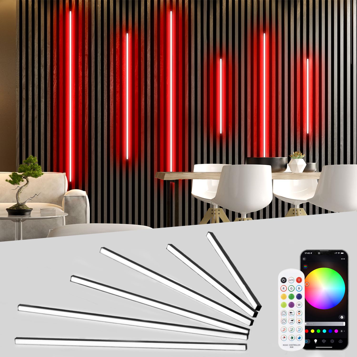 Lichaser RGB Schwarz LED für Akustikpaneele Eingebetteter, WiFi 6 Stück Akustikpaneele LED Streifen Alexa Kompatibel, Musik Sync Selbstklebend Strip für Wandpaneele, Regal (40 * 2+60 * 2+90 * 2 cm)