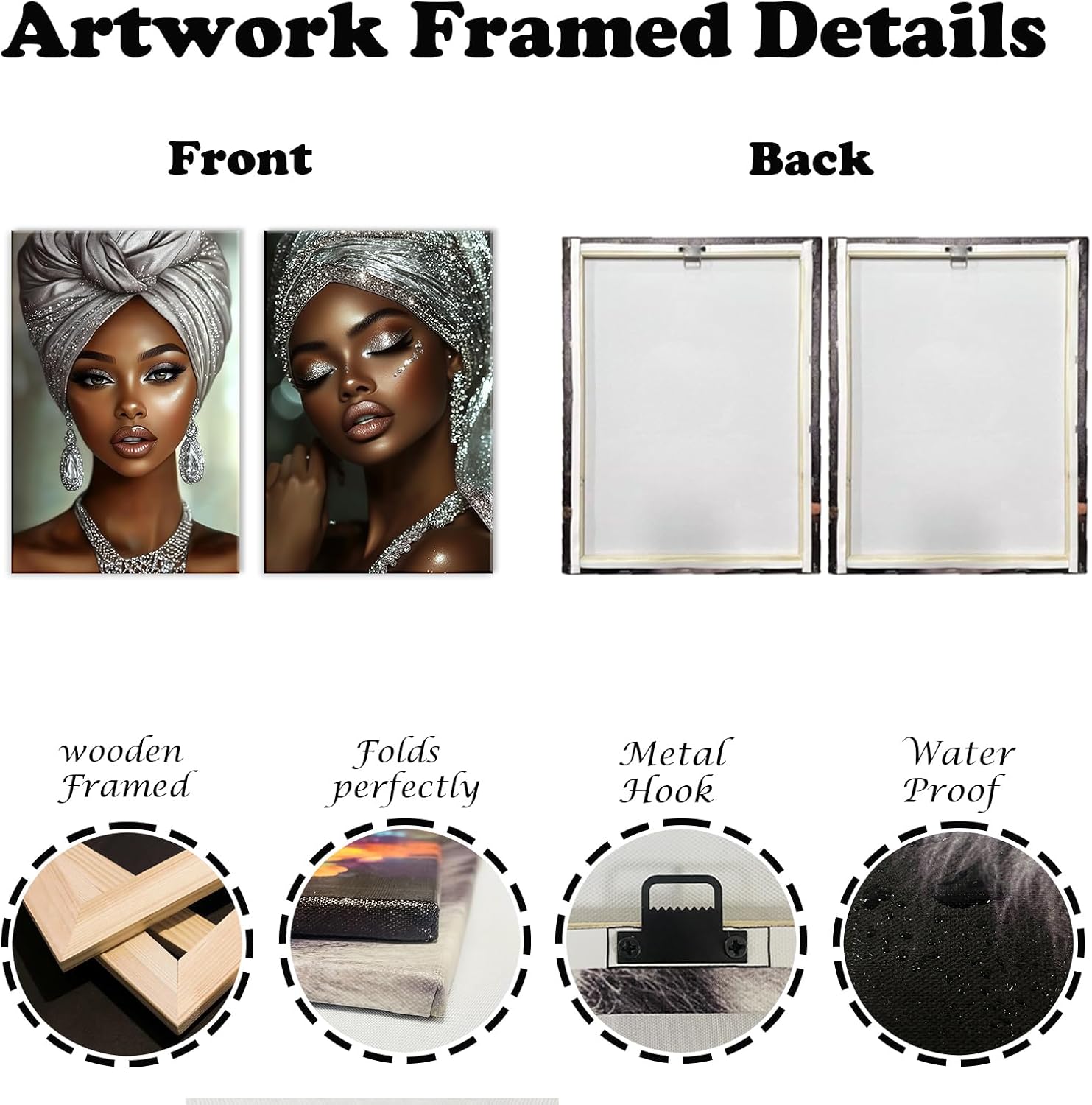 African American Wall Art 2 Panel Black Woman Portrait Painting Elegant Silver Tone Canvas Art Framed Modern Artwork for Living Room Bedroom(Artwork-1,12"x16"x2pcs)