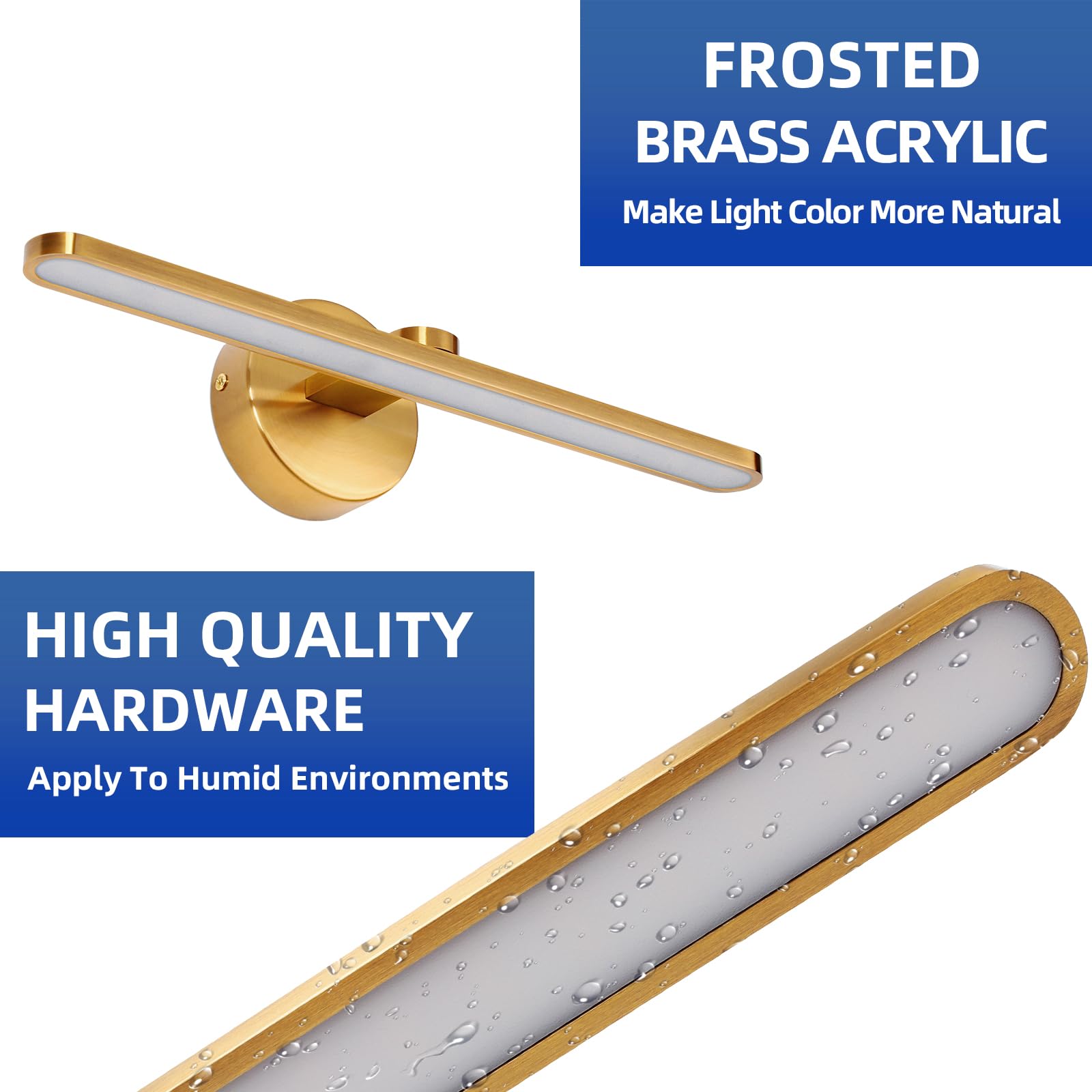 LED Spiegelleuchte Bad Wandleuchte Badezimmer Wandlampe Badlampe Wand 40cm, 12W Modern Bilderleuchte 3000K Spiegelbeleuchtung Messing Spiegellampen für Keller Küche Badschrank