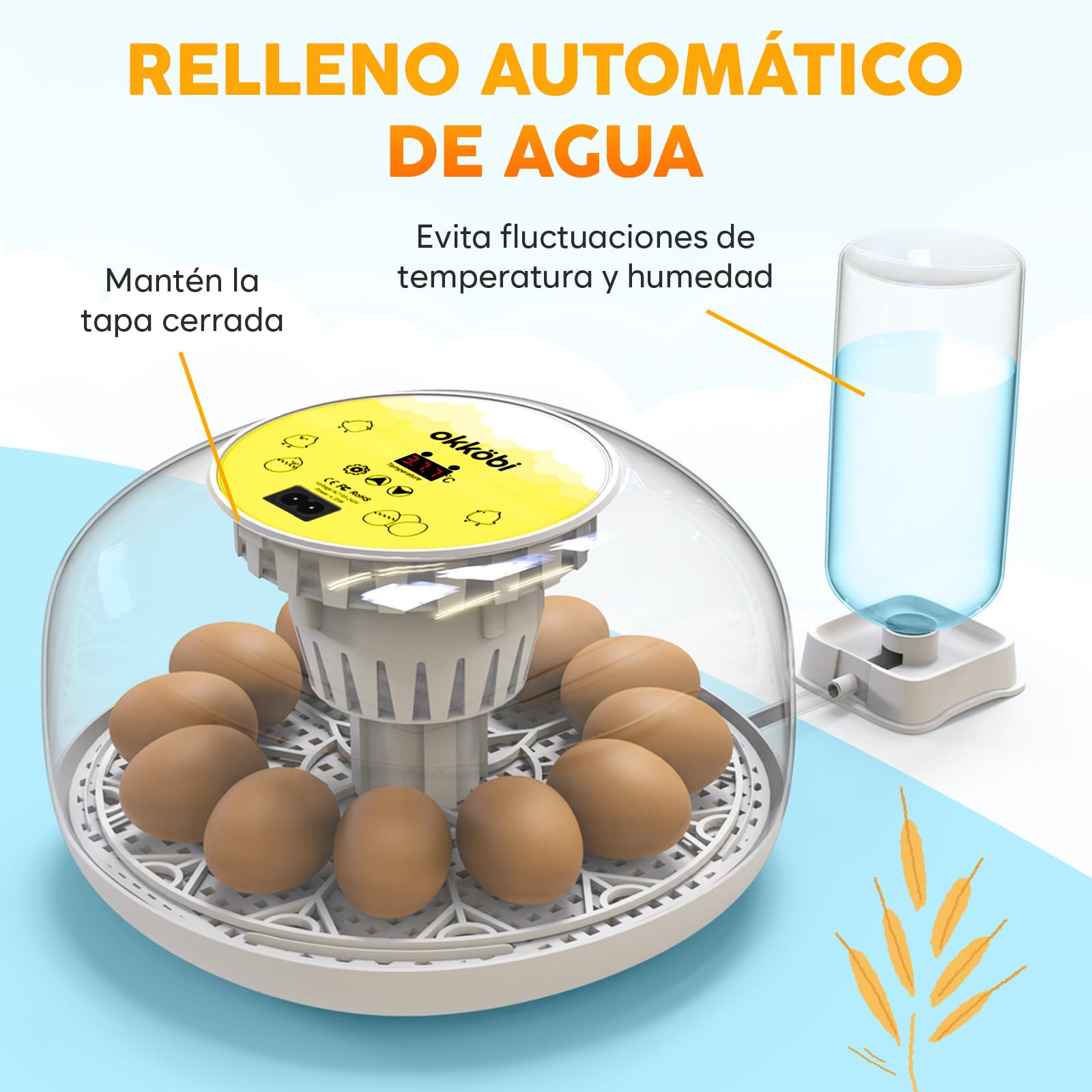 Okkobi M12 - Incubadora Huevos Gallina Automática - Volteo Automático y Control de Humedad - 12/24 huevos, Vista 360°, fácil de usar y limpiar - Chocadeira Ovos Automática - Blanco y amarillo