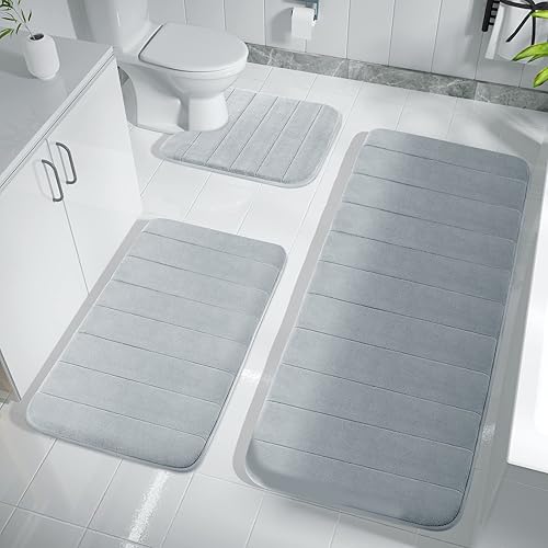 Miniatura 8 de Yimobra Juego de tapetes de baño de espuma viscoelástica, 3 piezas, 44.1 x 24 + 31.5 x 19.8 pulgadas y en forma de U para alfombras de baño, tapetes