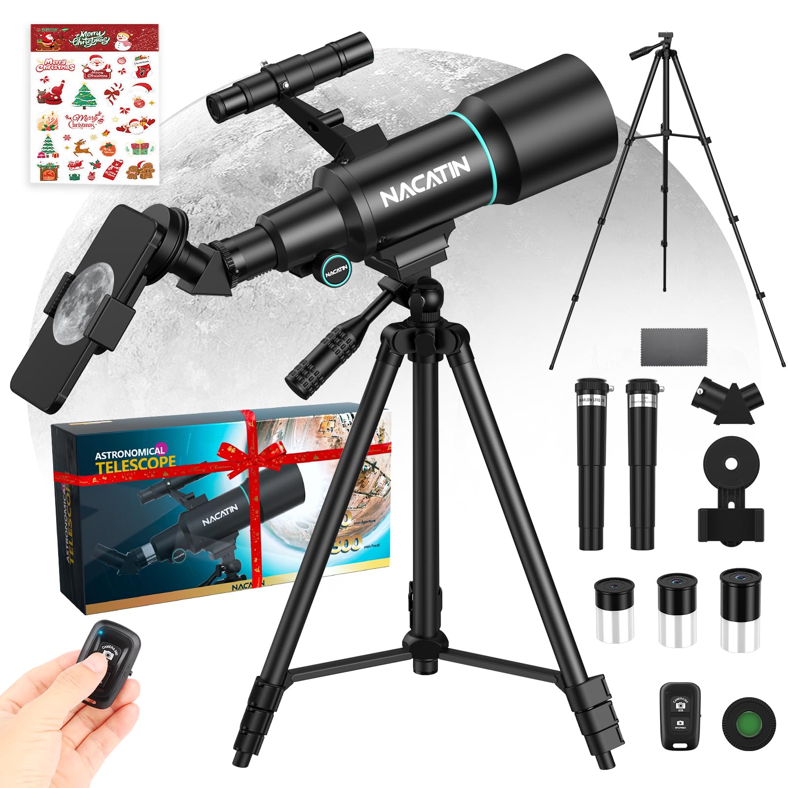 NACATIN - Telescopio para niños y principiantes, apertura de 70 mm, refractor astronómico, telescopio con trípode, adaptador de teléfono móvil, mando a distancia (negro)