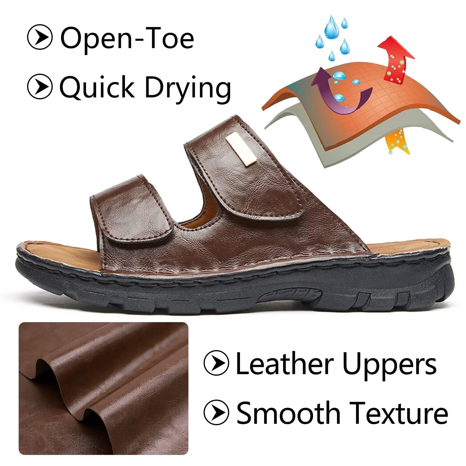 Sandales Homme en Cuir avec Double Scratch Réglable, Mules Ouvertes Respirantes Confortables Antidérapantes pour Été, Plage, Maison