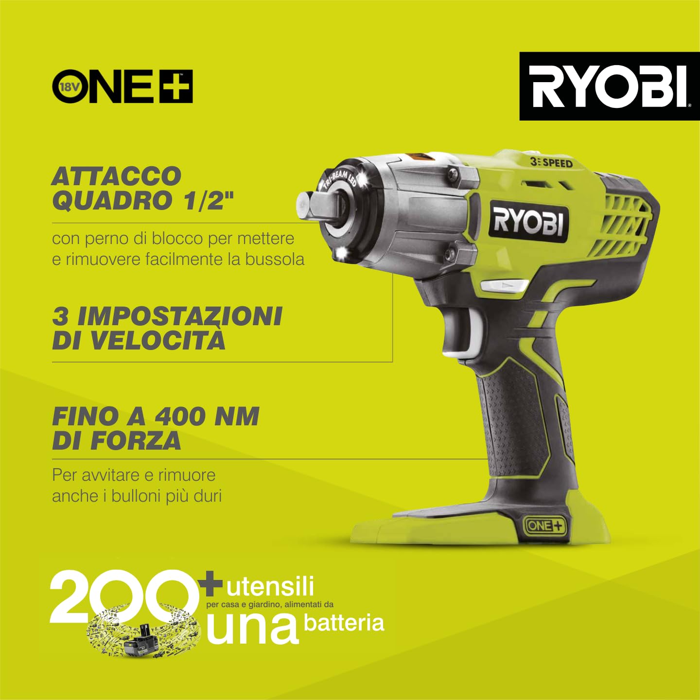 RYOBI R18IW3-0 Avvitatore ad Impulsi 1/2" a Batteria 18V ONE+, Batteria non Inclusa, 3 Velocità, 3.200 Colpi/Minuto e Velocità a Vuoto 0-2.900 Giri/Minuto