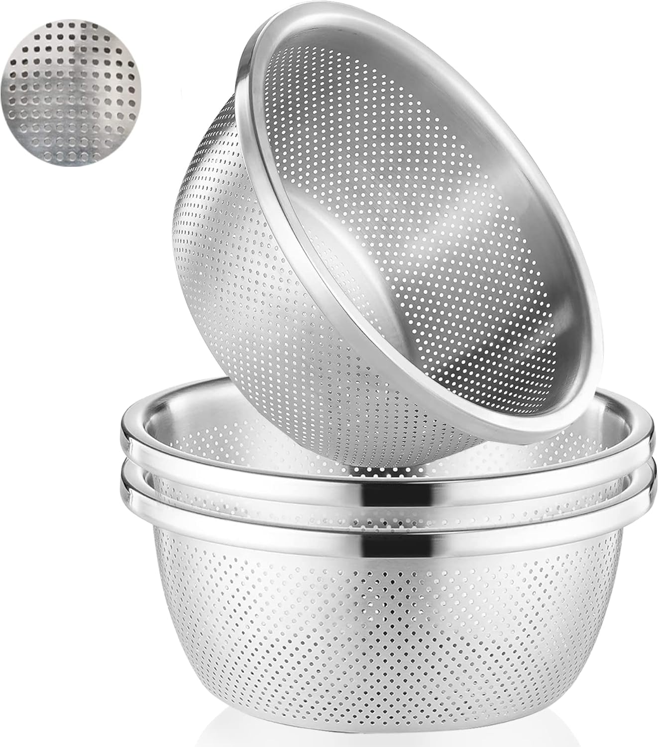 3 Pack 18/8 Stainless Steel Colander, Micro-Perforated 5 Quart Kitchen ...