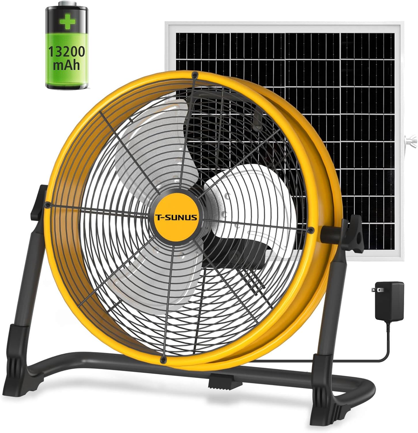 T-SUNUS 12" Solar Floor Fan with 20W Panel & 13200mAh Battery, 1500 CFM Strong Airflow, 4.5-27H Runtime, USB Phone Charging, 360° Tilt, Quiet for Camping, Patio, Garage, Shed, Tent, RV, Outdoor