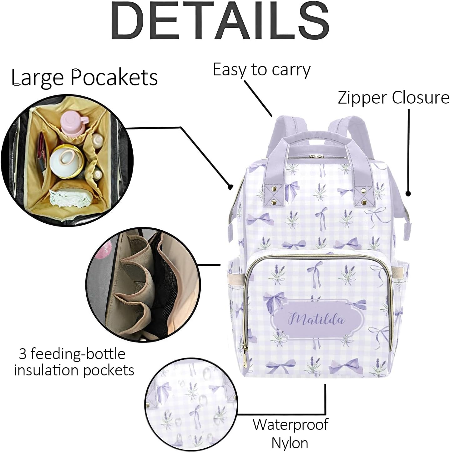 Custom Purple Bow Baby Diaper Bag with Name – Personalized Nursing Travel Tote Backpack for Mom or Dad, Custom Name Baby Daypack Gift