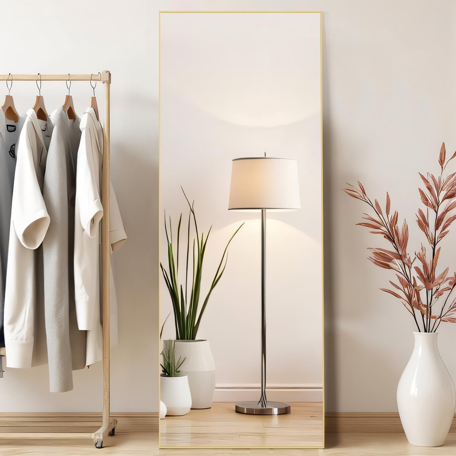 mirror full length, upgraded 21"x64" body wall mirrors with shatter-proof glass, floor standing, hanging or leaning, large tall mirror with stand aluminum alloy frame for bedroom cloakroom claccic gold-rect 64"l x 21"w