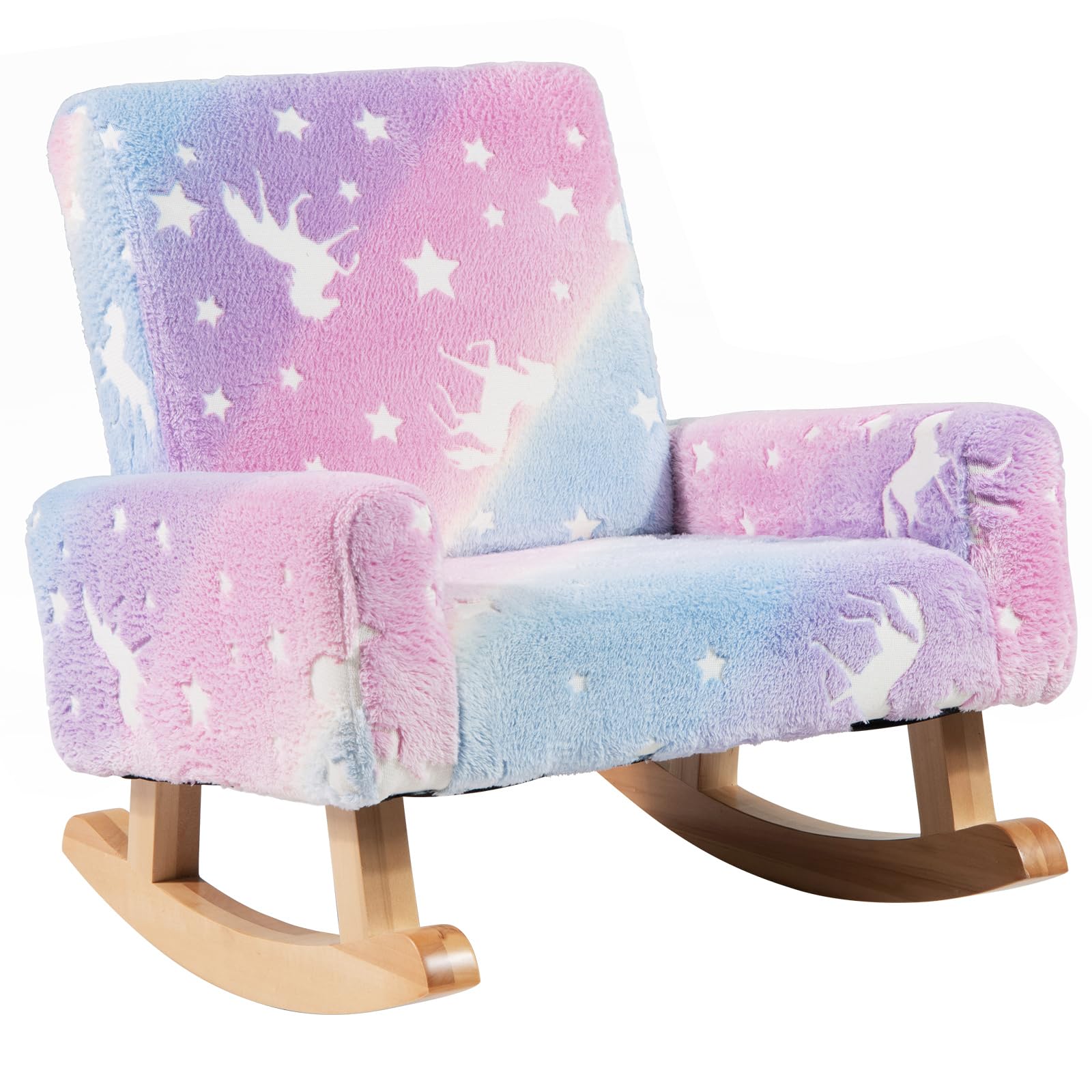 COSTWAY Silla Mecedora para Niños, Sillón Infantil Tapizado en Franela con Patas de Madera de Álamo,Brilla en la Oscuridad, Respaldo y Reposabrazos Cómodos, Sillón Balancín para Niños para Dormitorio