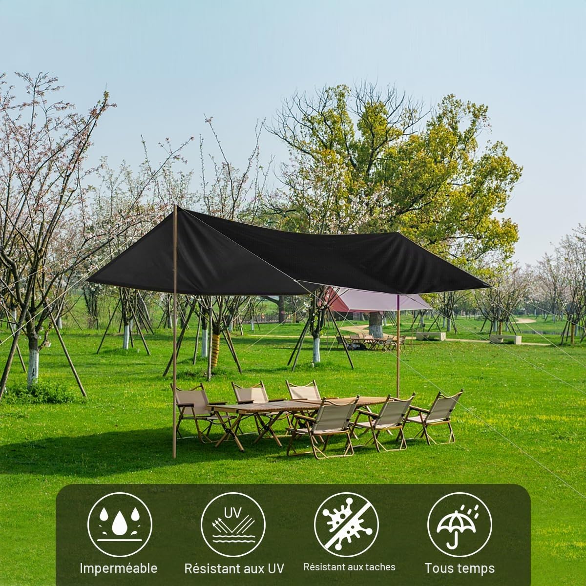 Bâche imperméable d'extérieur - Noir - 1,5 x 2 m - Tissu Oxford 420D léger avec boucles renforcées - Résistante à la déchirure - Protection UV pour camping, randonnée, abri