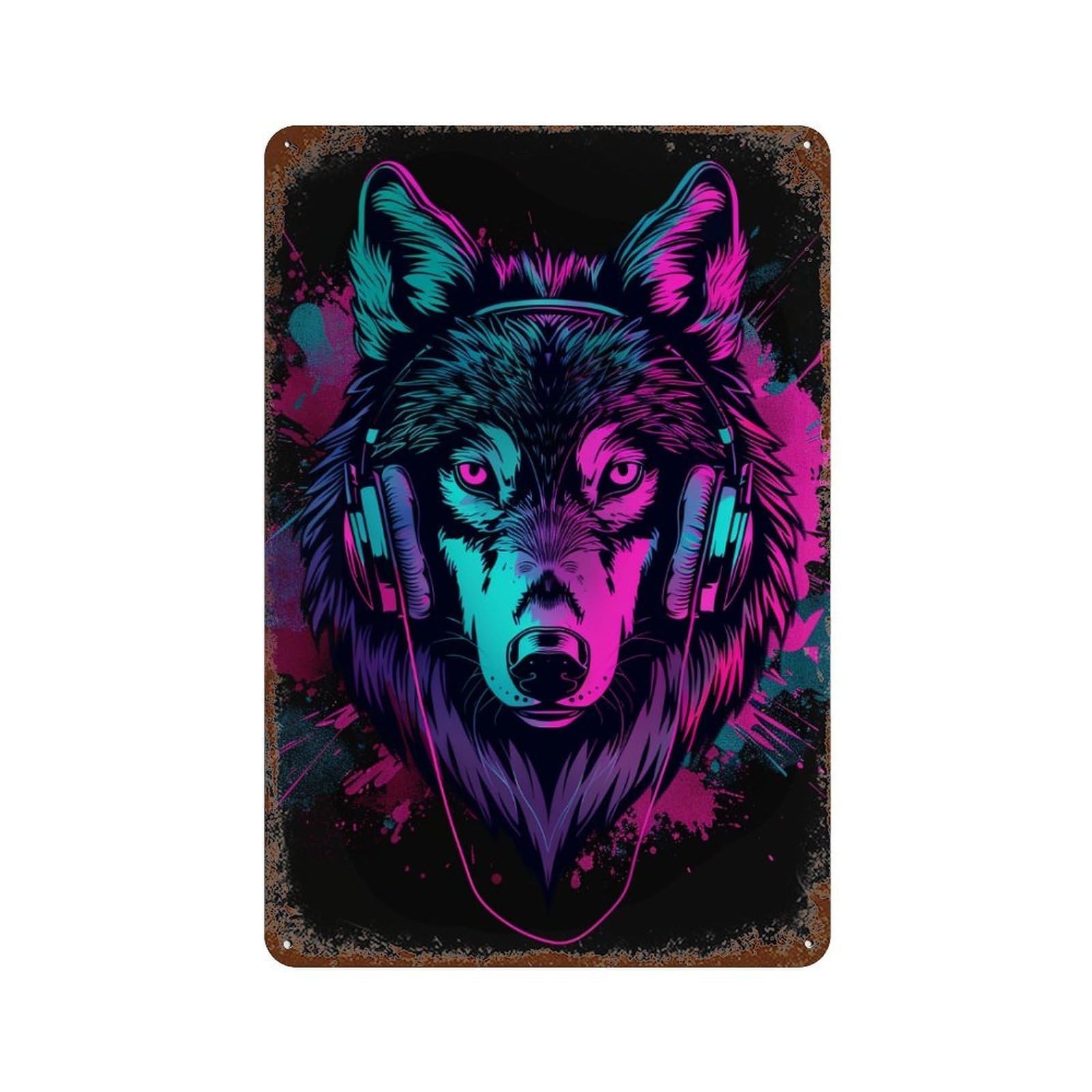Wolf Headphones Neon Art Print-1 Decorative Tin Sign 11.8"x7.9", Shabby Chic Decor for Garage, Pub Or Kitchen