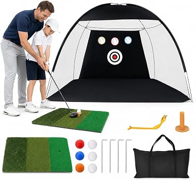Golf Practice Net 10x7ft with Mat & Balls, Garden Golf Hitting Net for Driving & Chipping, Swing Trainer Aid, Portable Backyard Golf Training Net Indoor Outdoor with Carry Bag