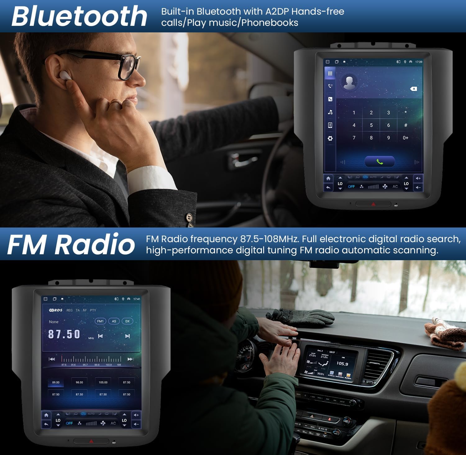 Jingelsye 10.4-inch Car Stereo displaying GPS navigation and WiFi connectivity for app downloads.