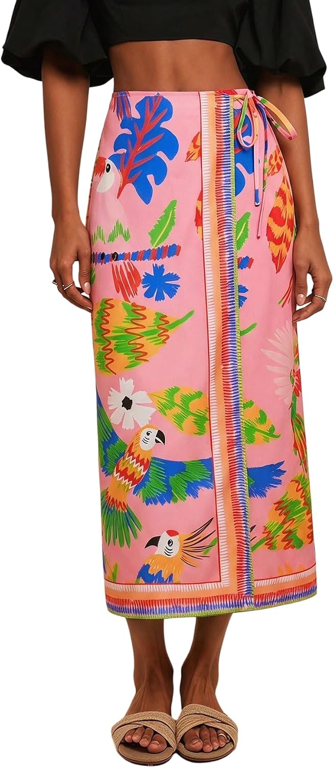 MakeMeChic Women's Boho Midi Skirts Floral Pencil Tie Side Wrap Skirt